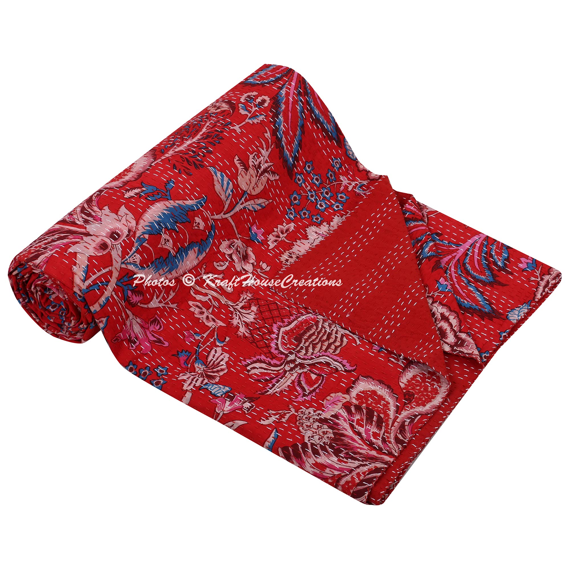 Couverture en coton indien KHC dessus de lit fait main jeté de canapé rouge floral