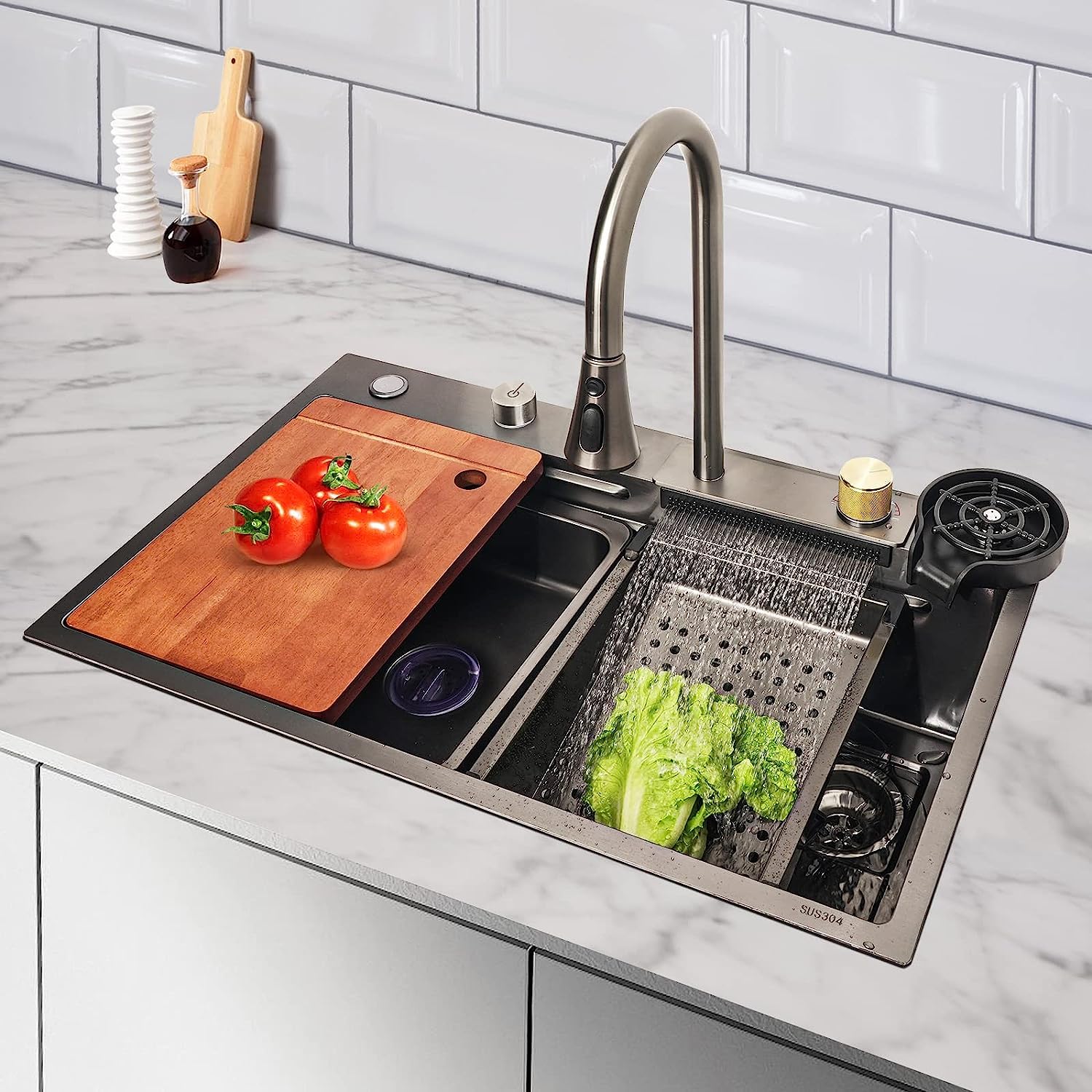 UMAVANSHI kitchen sink with waterfall with pull out faucet size 30x18x9 with chopping board and baskets (B0CLS8LTN1) Amazon Price History, Amazon Price Tracker