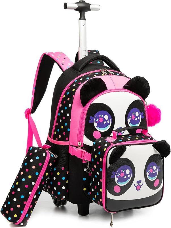 Mochilas de Rodinhas Infantis CUTBLAJAT - Conjunto de 3 peças com lancheira e estojo - Para meninas - Padrão de panda com pontos coloridos pretos em oferta na Shopee Mochilas de Rodinhas Infantis CUTBLAJAT - Conjunto de 3 peças com lancheira e estojo - Para meninas - Padrão de panda com pontos coloridos pretos em oferta na Shopee