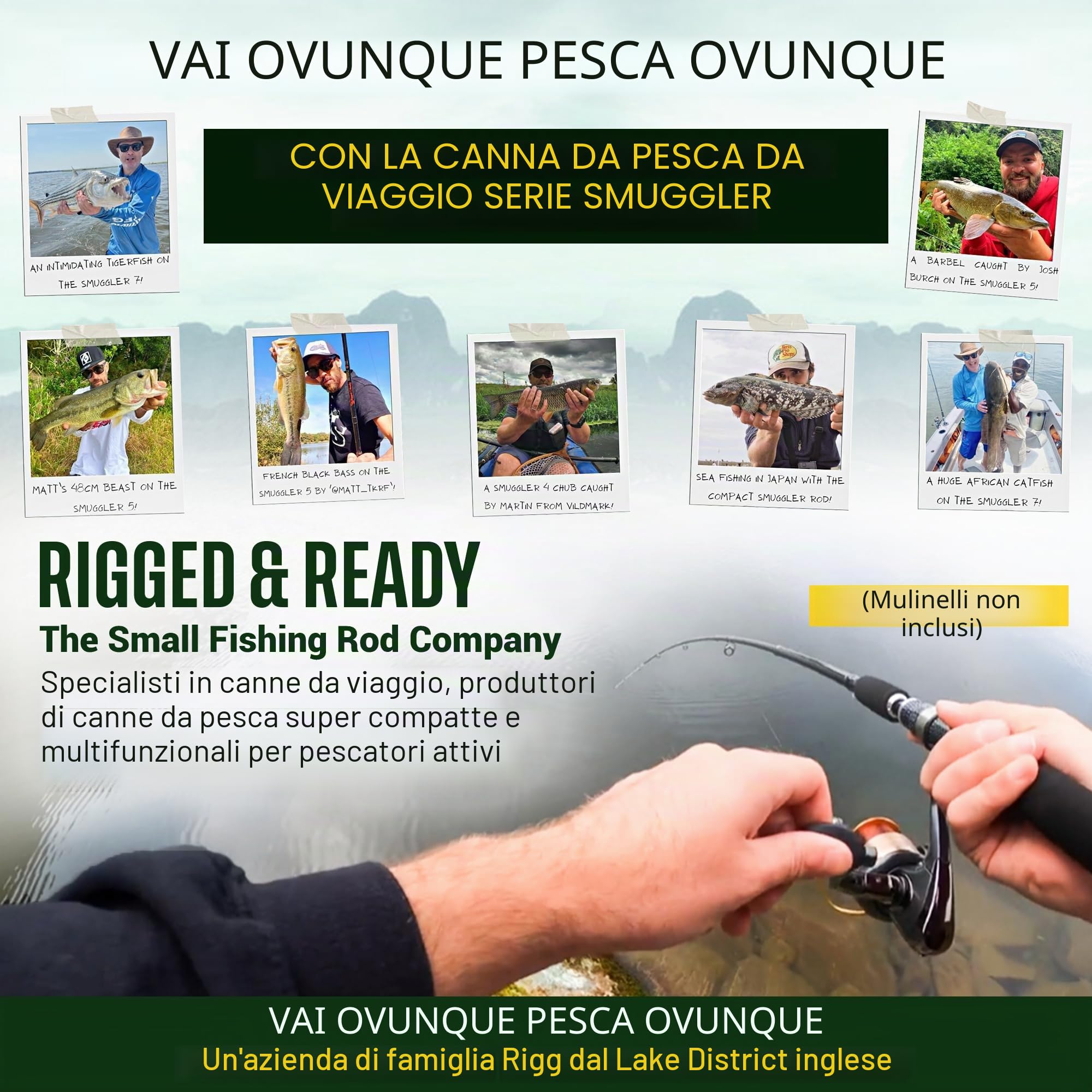 Rigged and Ready Smuggler Series Travel Fishing Rods. 6 Portable, Super Compact Spin, Bass, Carp, lure, Rod Reel Combination and 5 poles + Case. 2 or 4 tips for Freshwater and Saltwater fishing