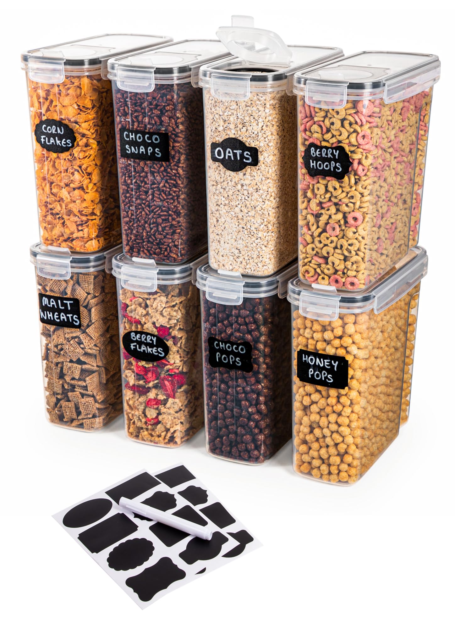 Nuovva Set Of 8 Airtight Cereal Storage Containers – 8Pcs Food Storage Containers Set – 4L Kitchen Pantry Organiser – Bpa Free Cereal Dispenser Set – Ideal For Cereal & Cornflakes Storage