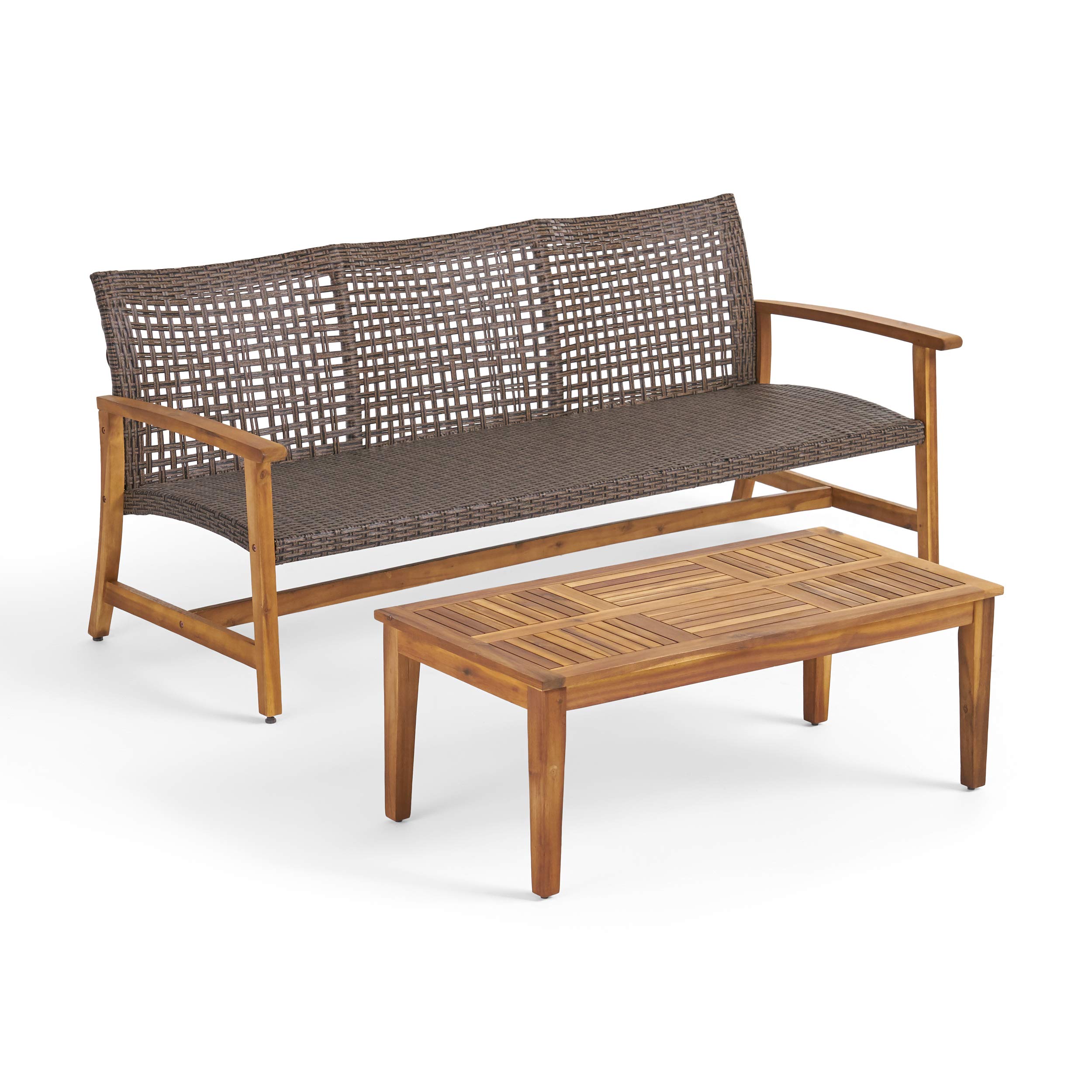 Great Deal Furniture Noble House Hampton Outdoor Wood and Wicker Sofa and Coffee Table in Mocha