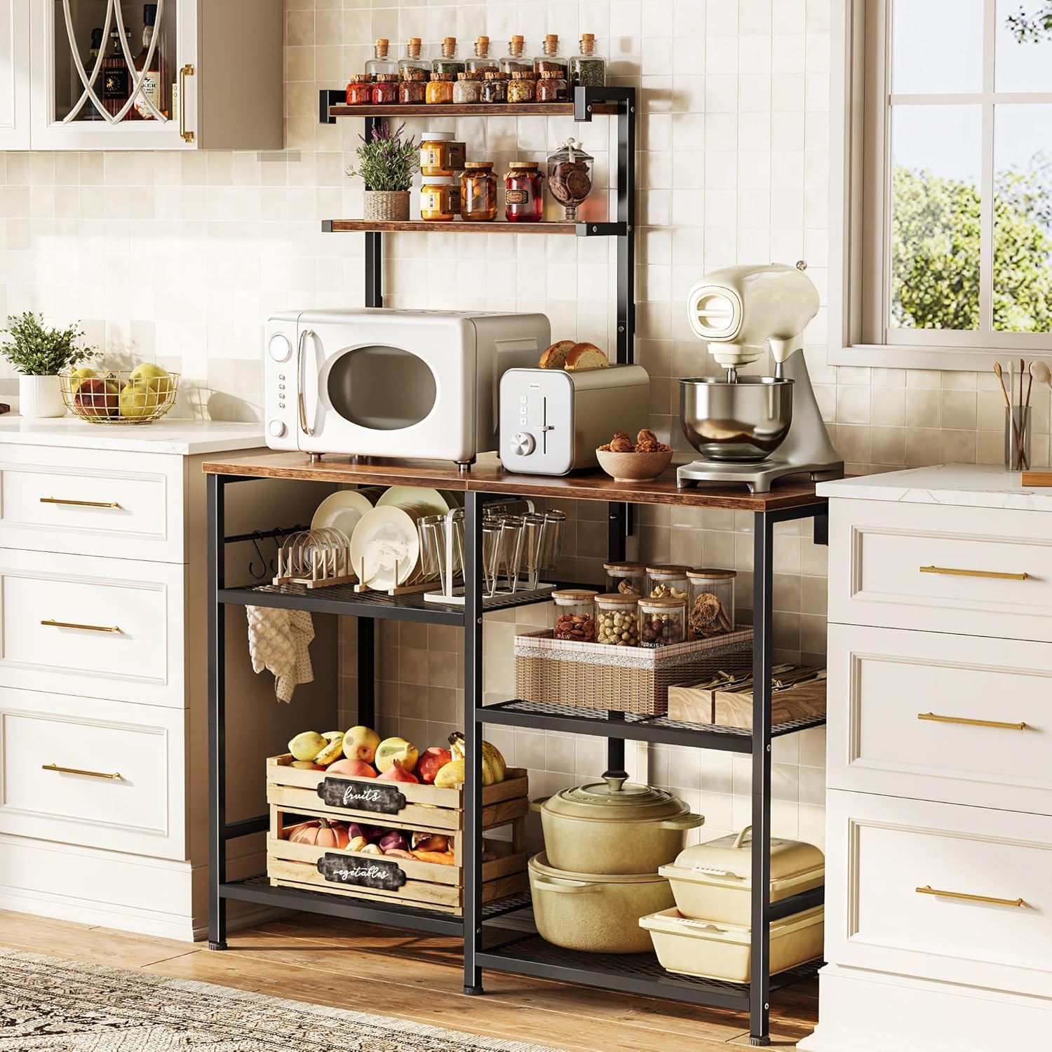 Huuger 39.4 Inch Bakers Rack with Power Outlets, Kitchen Microwave Stand with Storage, Coffee Bar with 4 Hooks, 3-Level Height Open Shelves, Rustic Brown