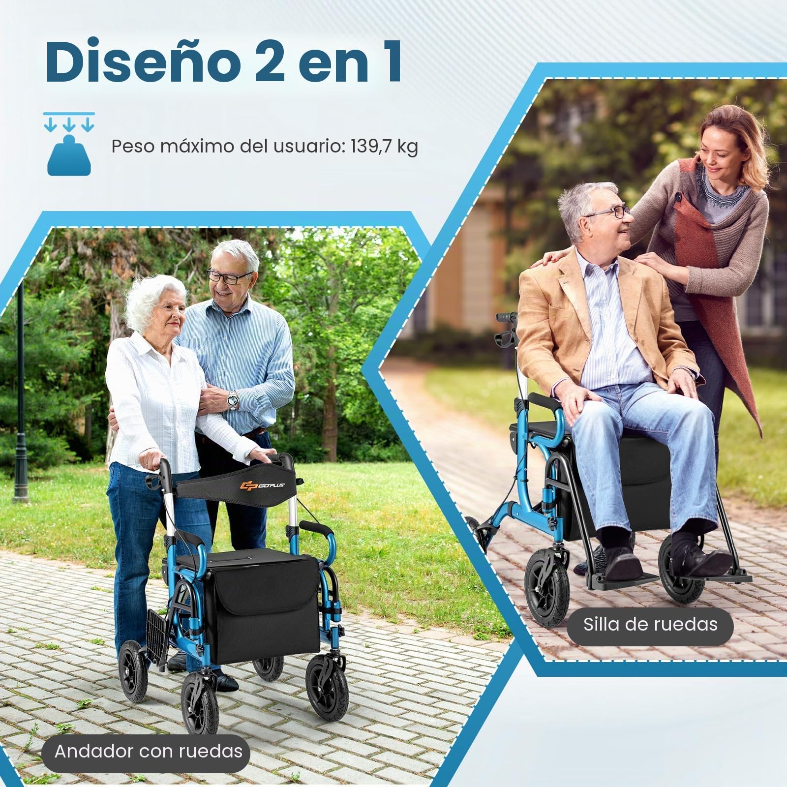 FANTASK Andador 2 en 1 para silla de ruedas y de viaje, de aluminio con diseño plegable, color negro con sistema de ajuste de altura, silla de ruedas con bolsa y soporte para bastones (azul)