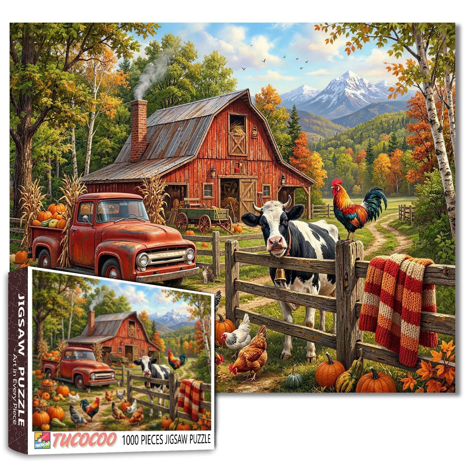 Cow Rroosters Puzzle Country Barn Red Truck Pumpkins Jigsaw Rustic Farm Autumn Scene Picture 1000 Pieces for Adults Beginner Challenging Family Activity Games DIY Crafts Puzzle for Home Decor Gifts โ image 1