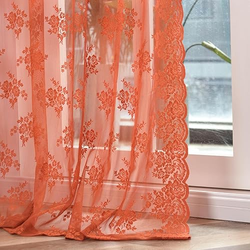 Miniatura 75 de Kotile Cortinas traslúcidas beige de 96 pulgadas de largo para sala de estar, 2 paneles de cortinas rústicas de encaje florales retro crema para