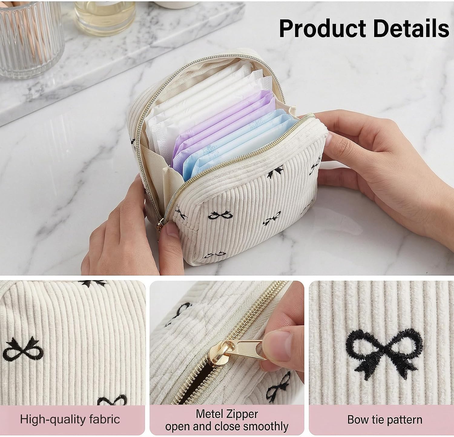 LLOUSSAK Cute Period Bag, Corduroy Period Pouch for Girls, Bow Tie Pattern Sanitary Napkin Storage Bag, Menstrual Sanitary Pouch for Pads Purse (Beige)