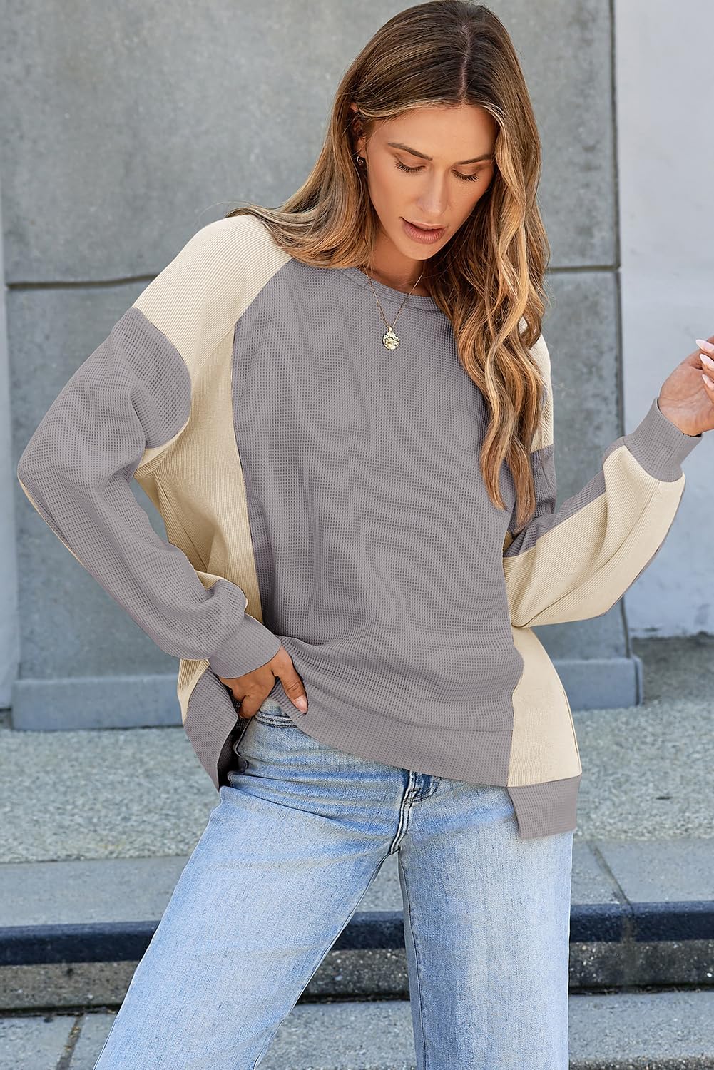 Dokotoo Oversized Sweatshirt for Women Waffle Knit Color Block Crewneck Long Sleeve Casual High Low Pullover Sweatshirts Tops - Image 4