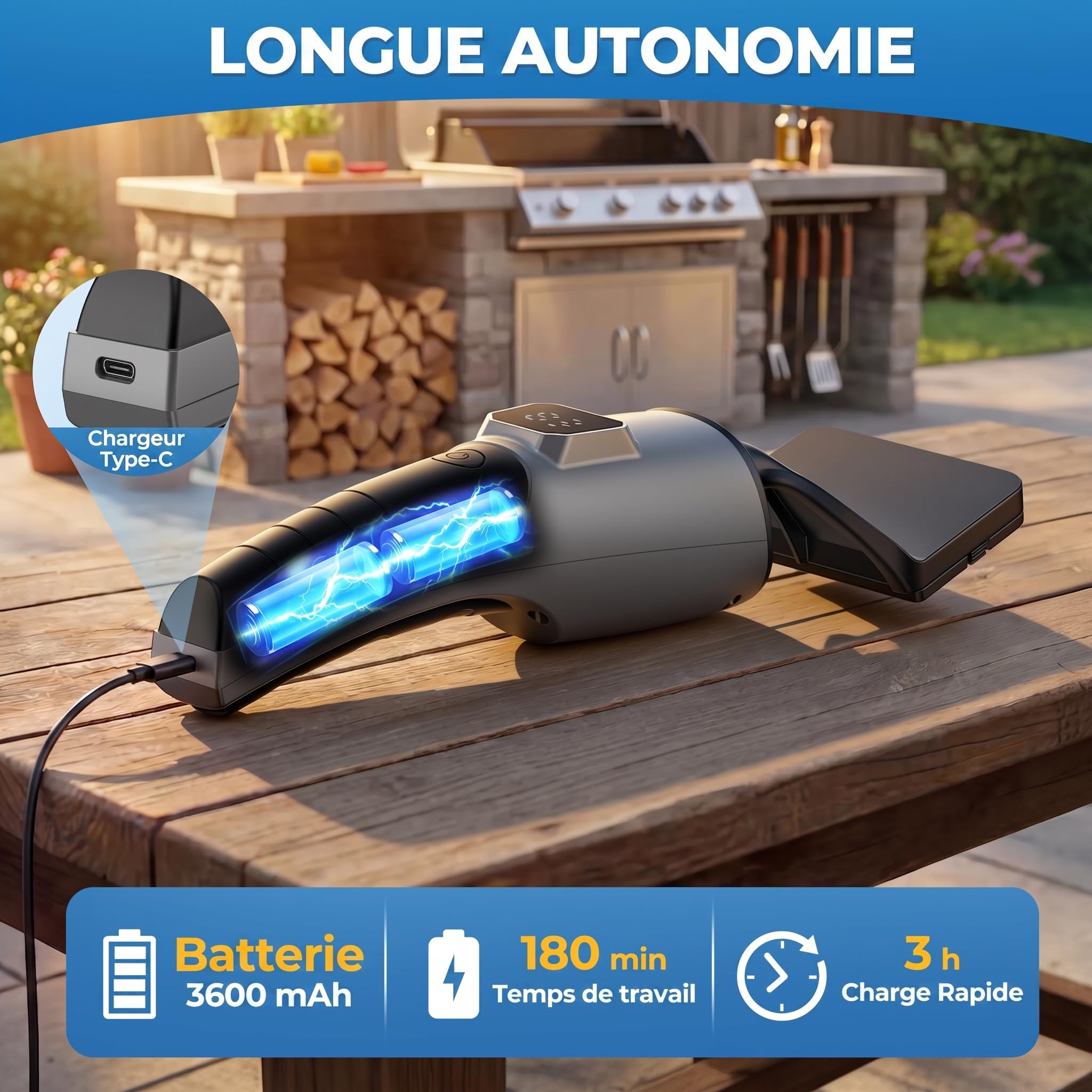 Spazzola Elettrica per Barbecue, Autonomia di 180 Minuti, 4 Testine di Ricambio,Impermeabile IPX7, Ricarica USB, Spazzola in Acciaio Inossidabile per la Pulizia Griglia Barbecue, Campeggio