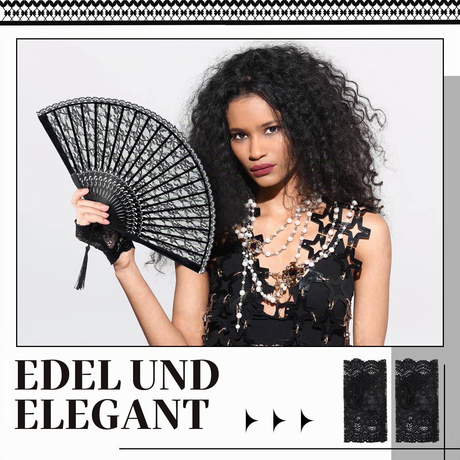 Paterr 3 Stück Vintage Spitze Sonnenschirm Gothic Schwarz Spitze Hand Faltbarer Fan Handschuh Lolita Regenschirm für Halloween Hexe Hochzeit Braut Cosplay Fotoshooting Lady Kostüm Requisiten 1920er