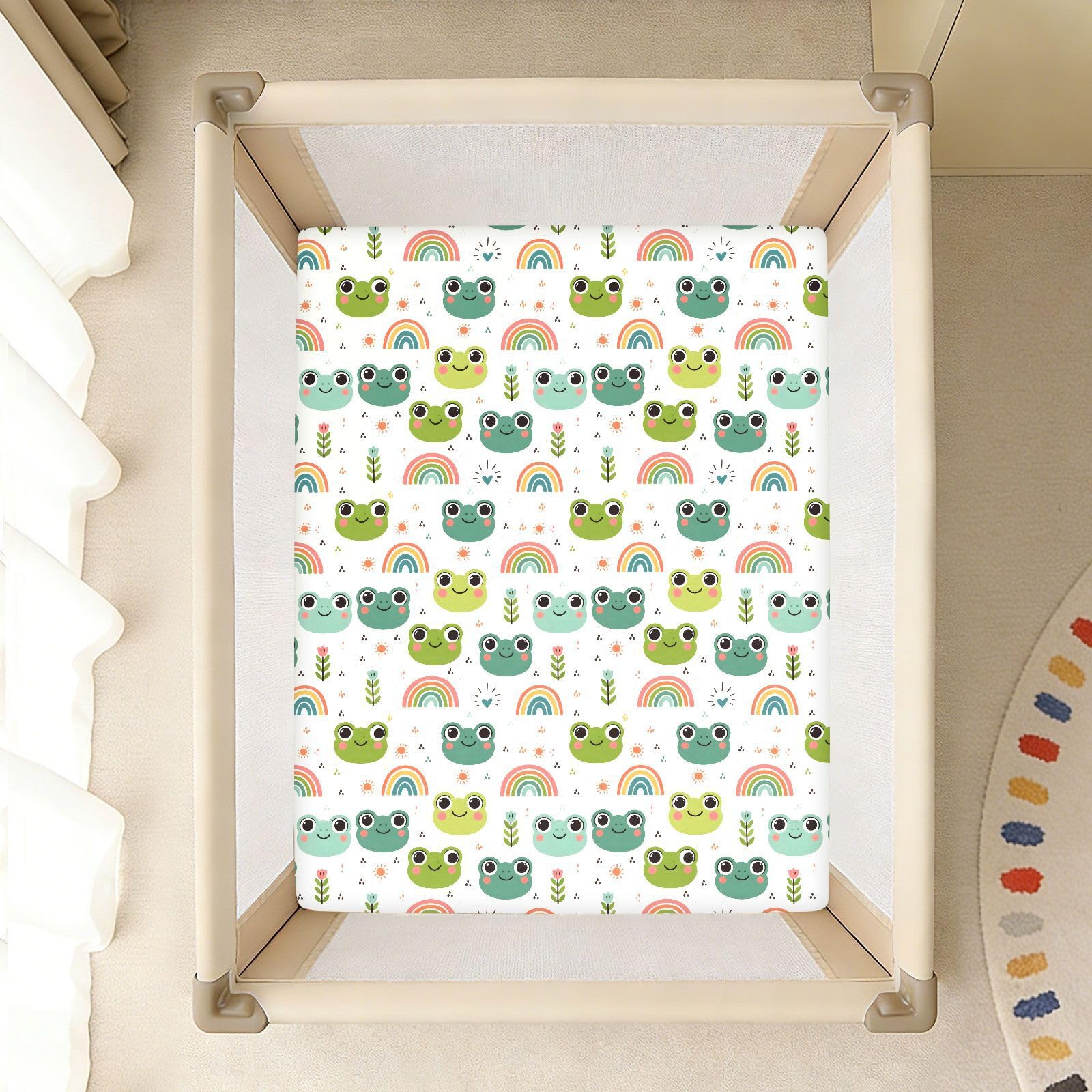 Babybettlaken mit niedlichem Froschkopf, Regenbogenfarben, für Jungen und Mädchen, weiche Standard-Matratze, Spannbetttuch, 71,1 x 132,1 cm