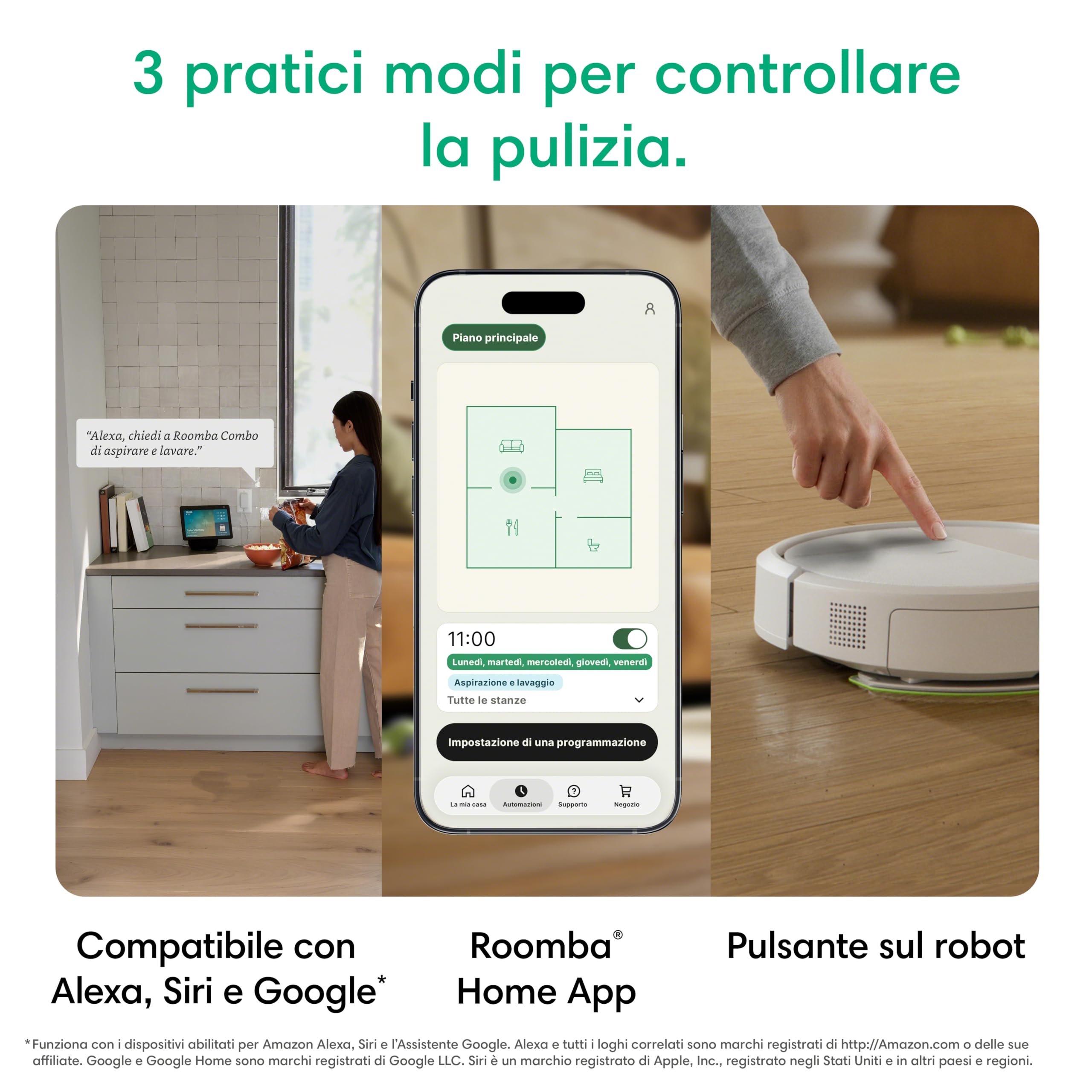 iRobot Roomba® 115 Combo Robot Aspirapolvere Lavapavimenti, 15.000 Pa, Aspirazione e Lavaggio 2 in 1, Mappatura ClearView™ LiDAR, SmartScrub™, Controllo App e Vocale, Bianco