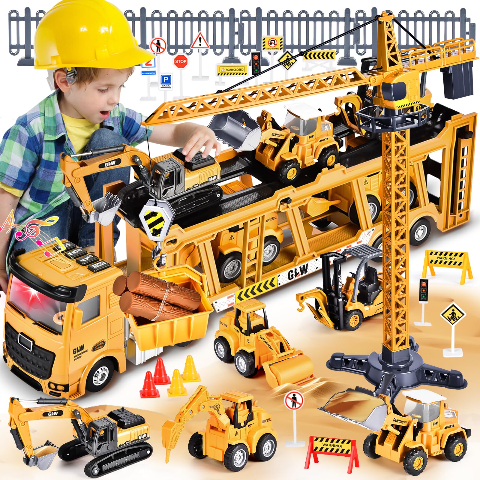 Herefun Vehículos Construcción Grandes, Camión y Grúa Con Sonido, Juguete Transportador Para Niños 3,4+
