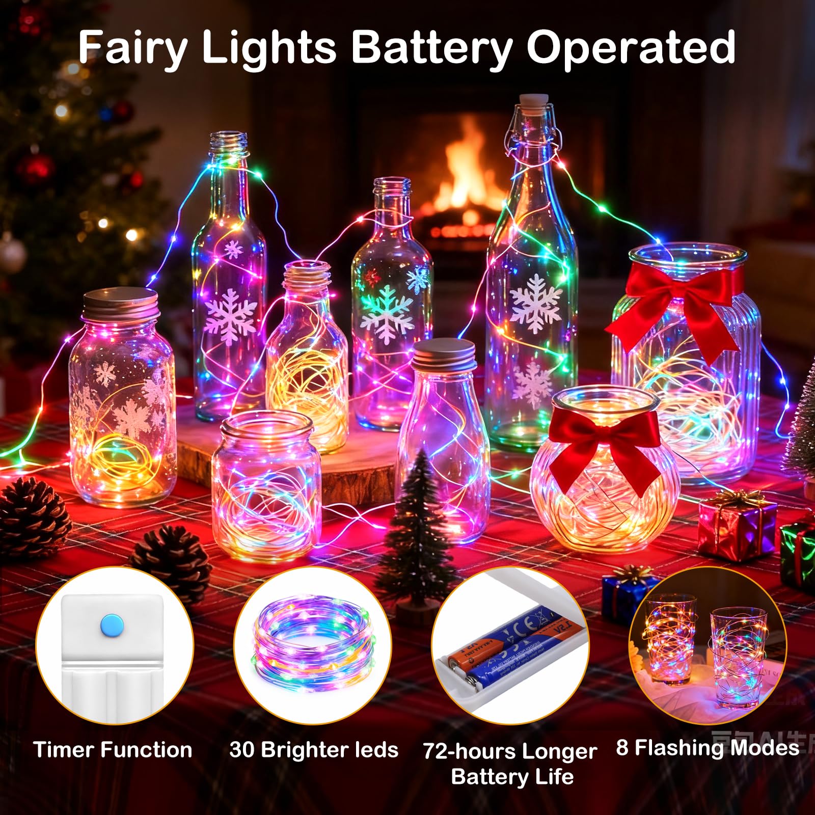 10 Stück 3 m 30 LED-Lichterketten für Einmachglas, 7 Modi mit Timer, wasserdichte Lichterkette, verbesserte Batterie (im Lieferumfang enthalten, Einmachglas, Weihnachtsdekoration (mehrfarbig)