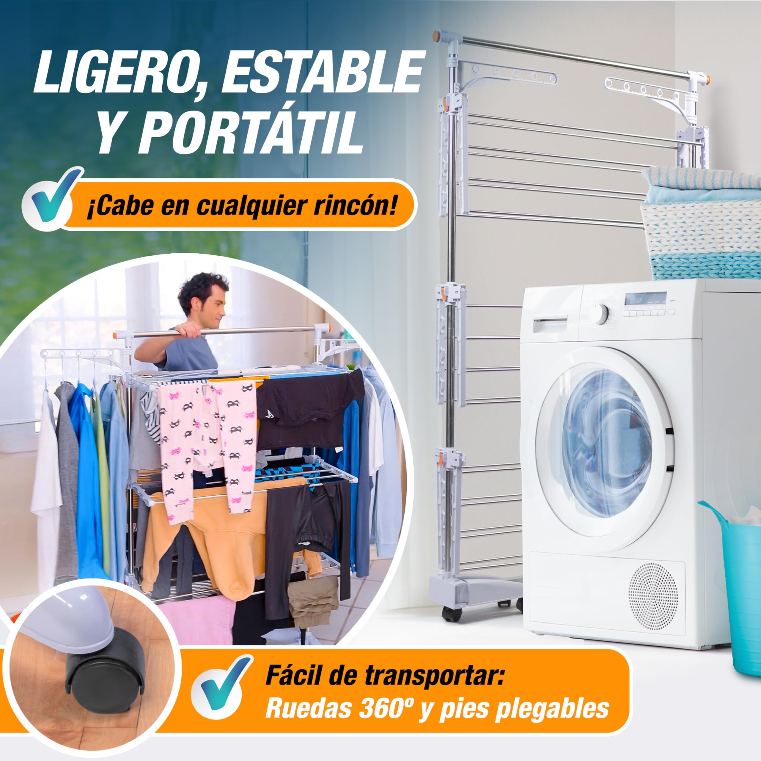Tendedero Vertical Plegable INNOVA 3 Niveles, 6 Alas plegables, 24 Barras, 2 Soportes (hasta 14 Perchas), 36 Ganchos integrados. Ruedas 360º con bloqueo. Hasta 40kg ropa/17m de tendido (4 Niveles)