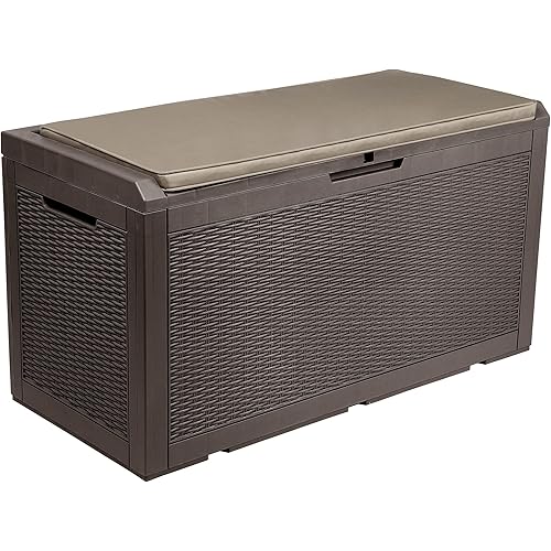 YITAHOME 100 Gallon Large Resin Deck Box Outdoor Storage with Cushion for Patio Furniture,Outdoor Cushions,Garden and Pool Supplies-Waterproof,Lockable (Brown)