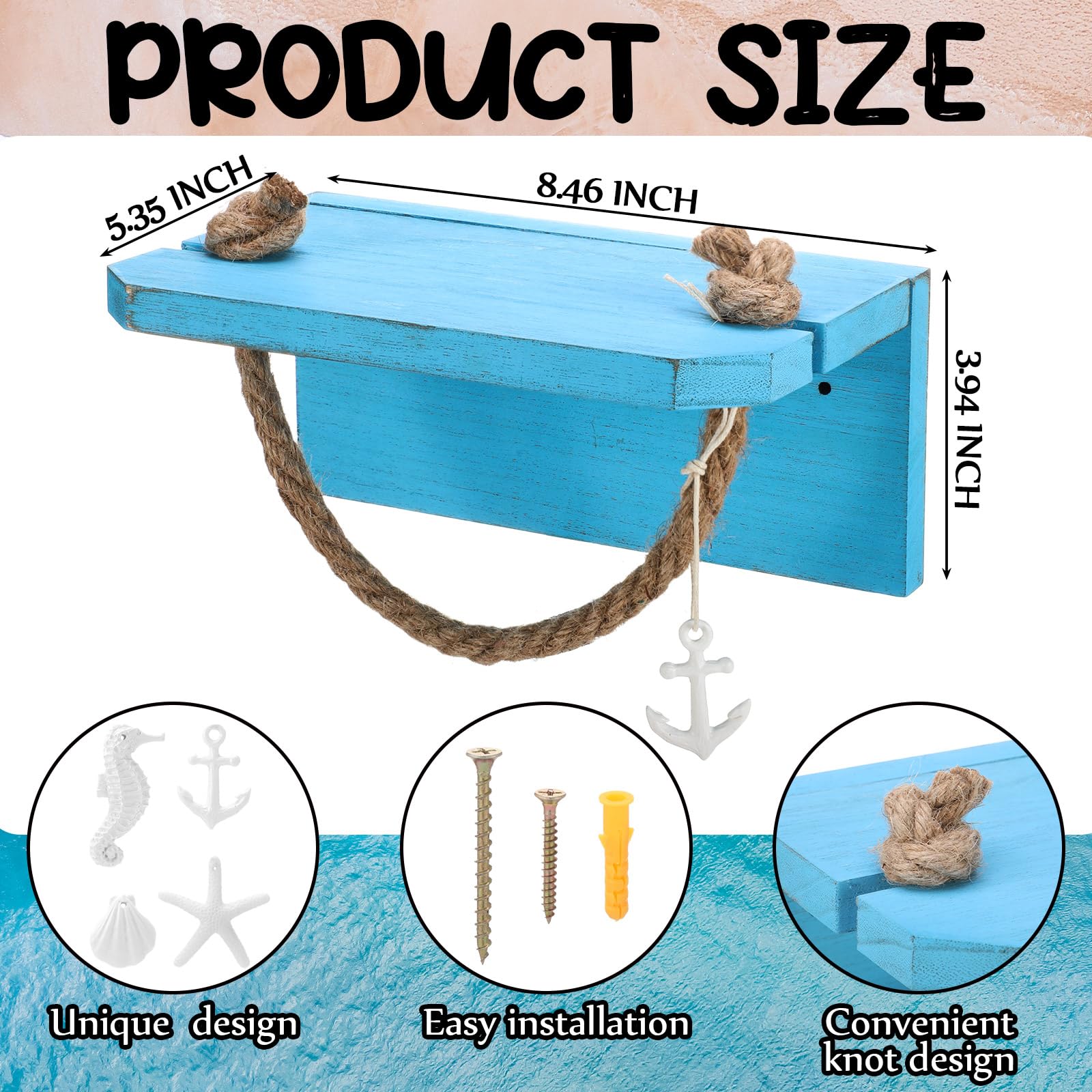 Nautical Rope Toilet Paper Holder with 4 Ocean Accessories, Classic, Blue — Amazon image 2