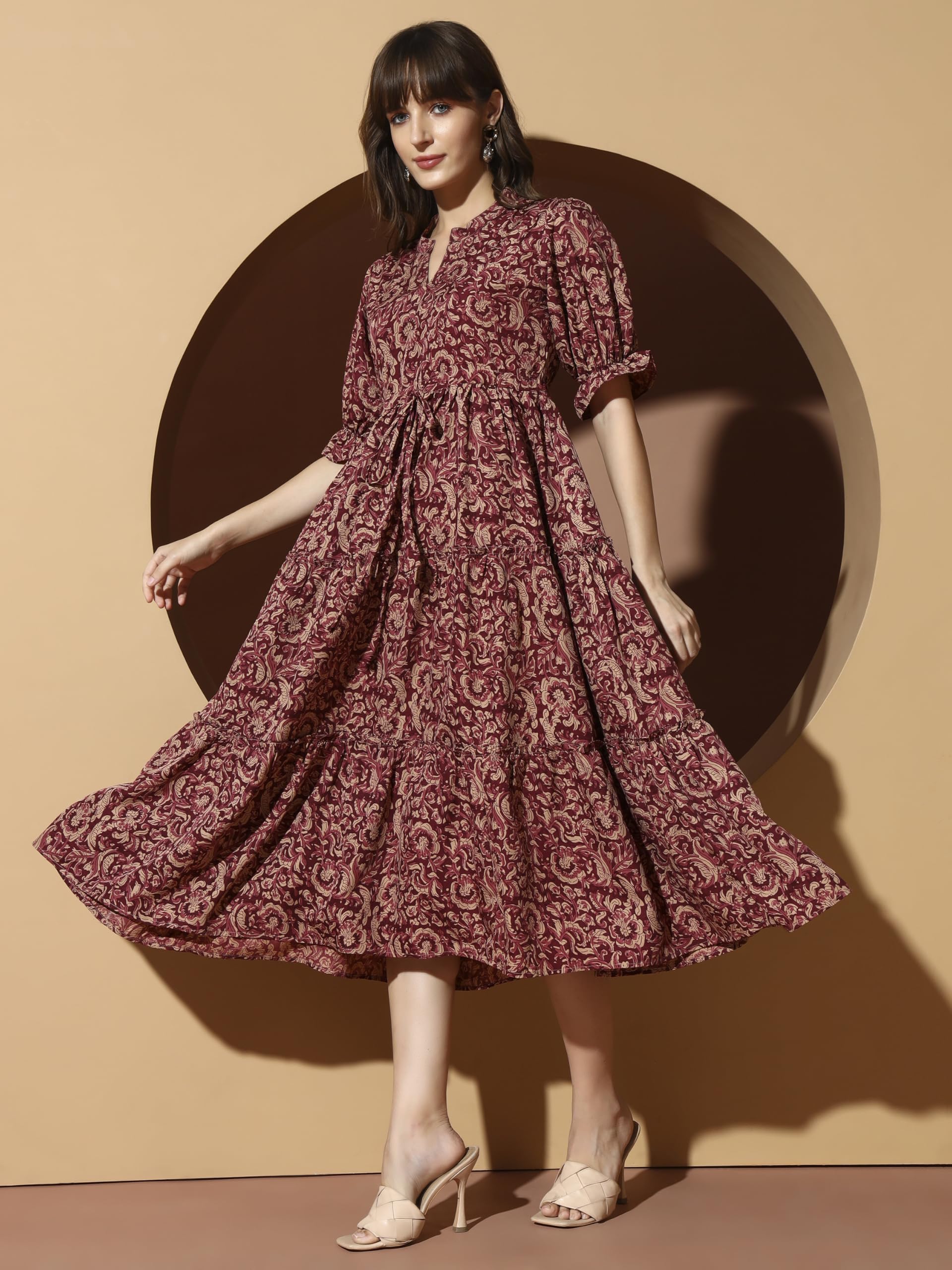 KZULLY Vestido para mujer | Vestido midi | estampado floral | tela de poliéster | Manga acampanada étnica | Ajuste escalonado y acampanado | Casual y festivo