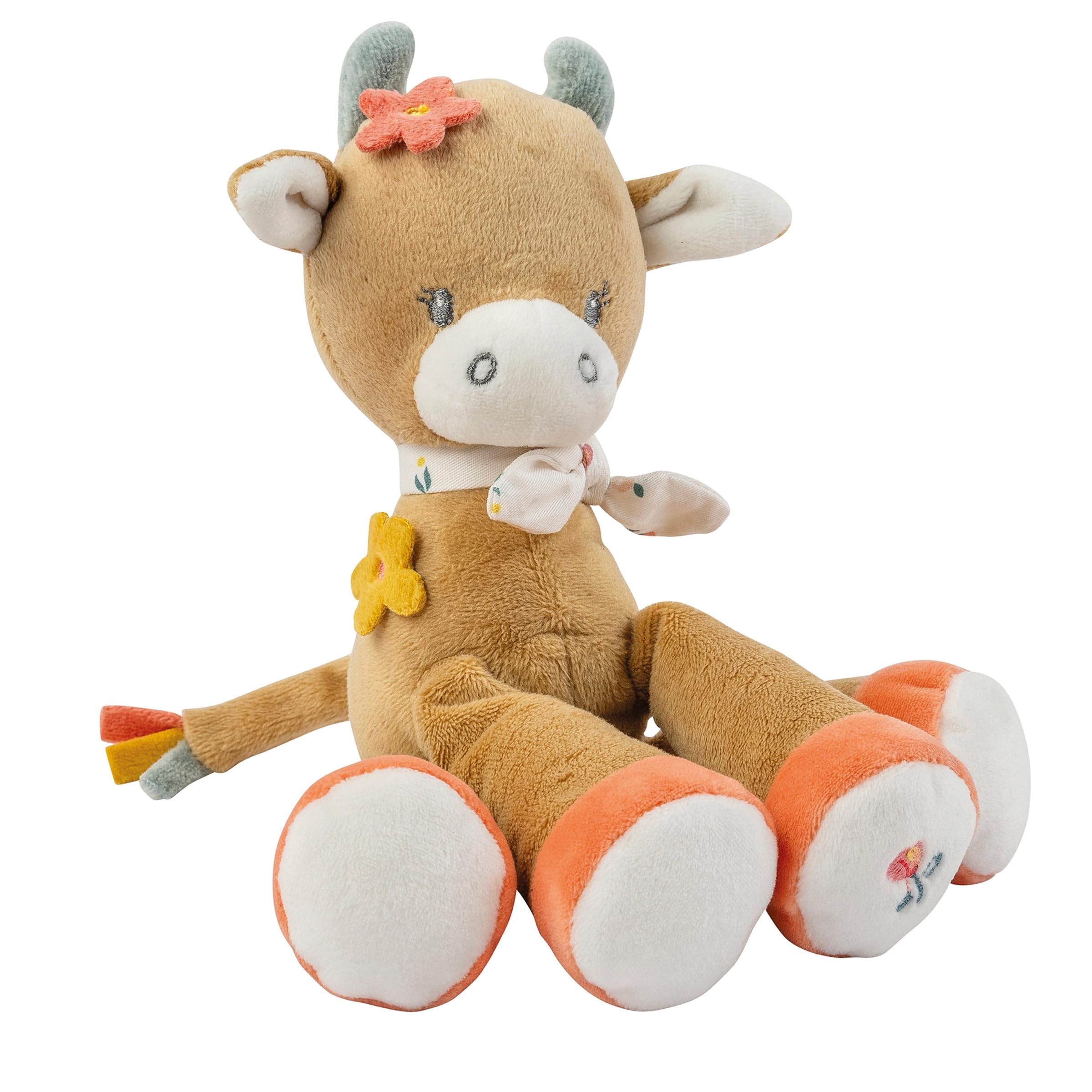 Nattou Mini Soft Toy Made of Cotton and Velour, Cuddly Toy Cow Mila for Newborns and Premature Babies, Integrated Rattle, Approx. 20 cm, Mila, Zoë and Lana, Beige