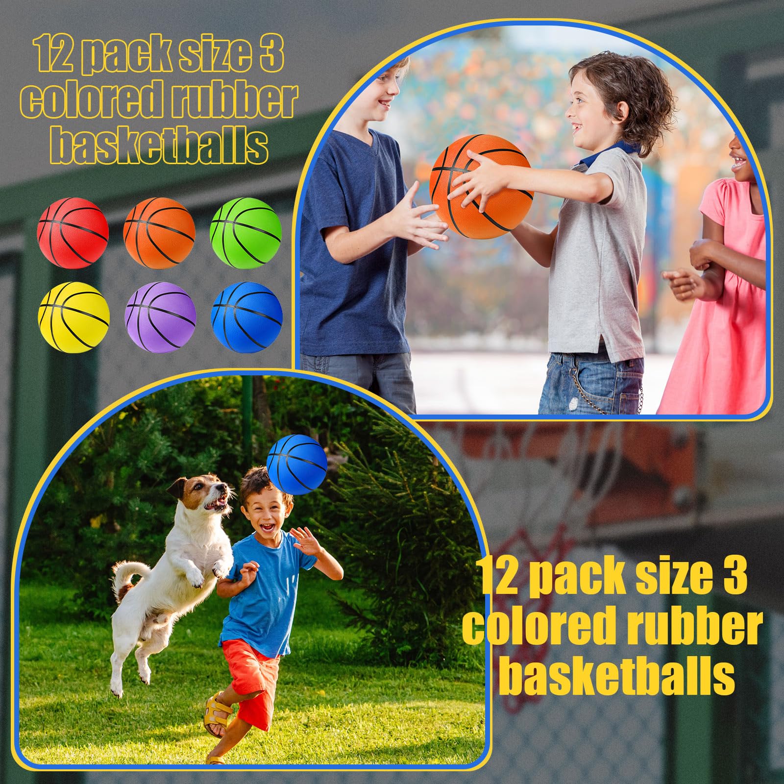 Jerify Confezione da 12 palline da basket in gomma, per interni ed esterni, dimensioni ufficiali, in 6 diversi colori, con pompa, per bambini, ragazzi, ragazze, per attività all'aperto e per allenarsi