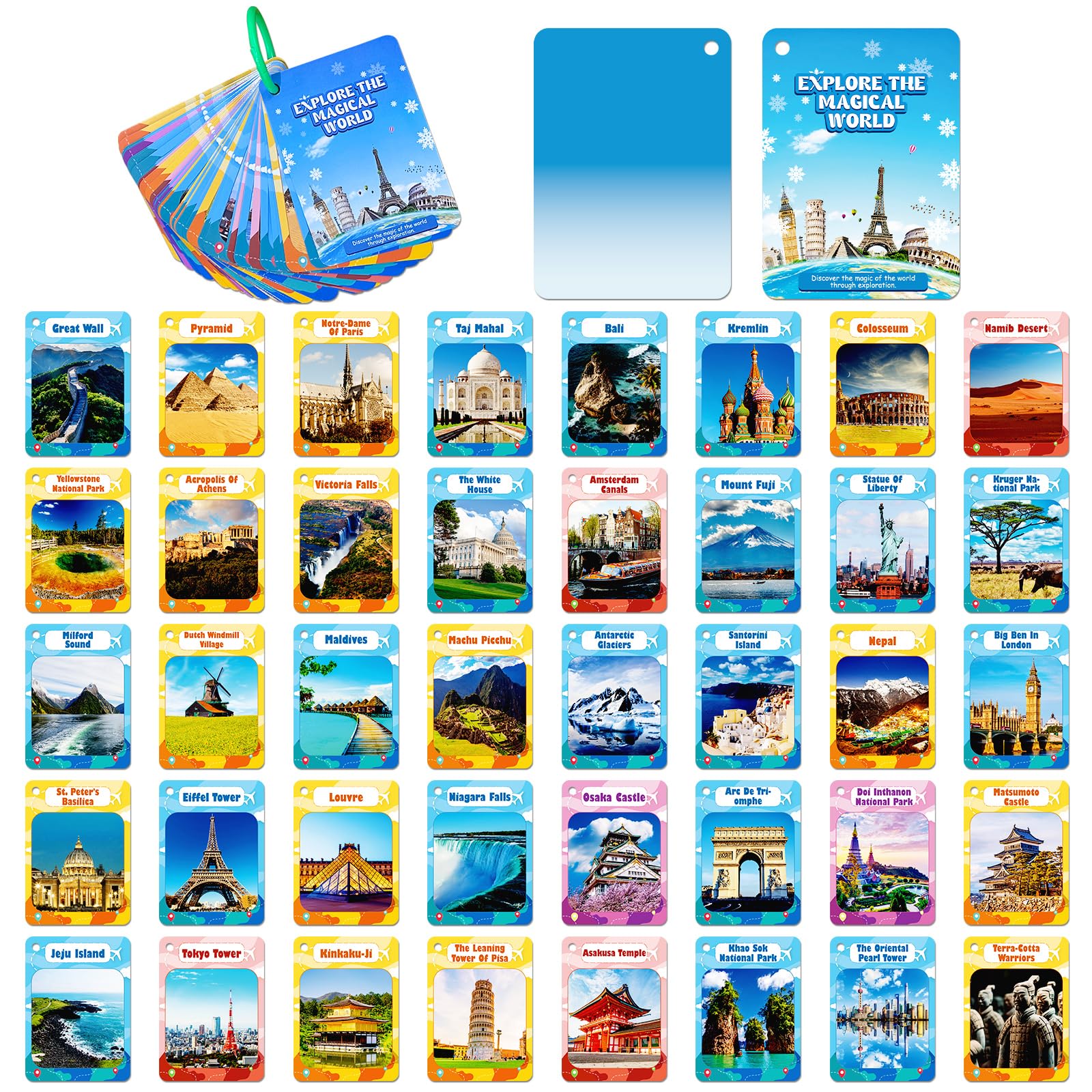 50PCS Tourist Attraction Flash Cards of The World for Kids, Waterproof World Famous Scenic spot Flashcards,Attractions Flash Cards,Explore The Magical World Educational Learning Card