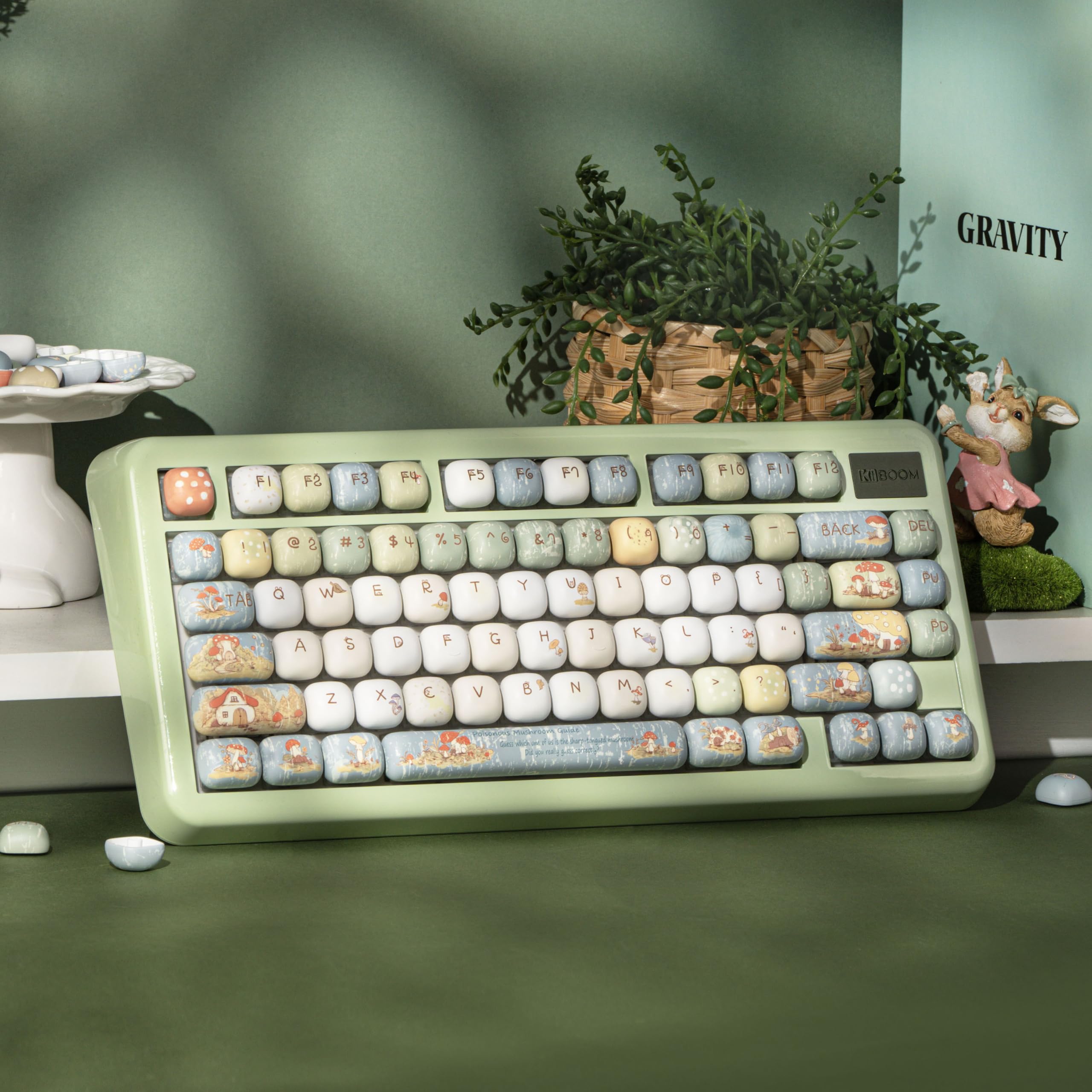 KiiBoom Little Shroom Pack - Set di copritasti, profilo MOG, 5 tasti, PBT stampato, 140 tasti, compatibile con Alice, 60%, 65%, 75%, TKL, 96%, formato standard, layout ANSI (pioggia)