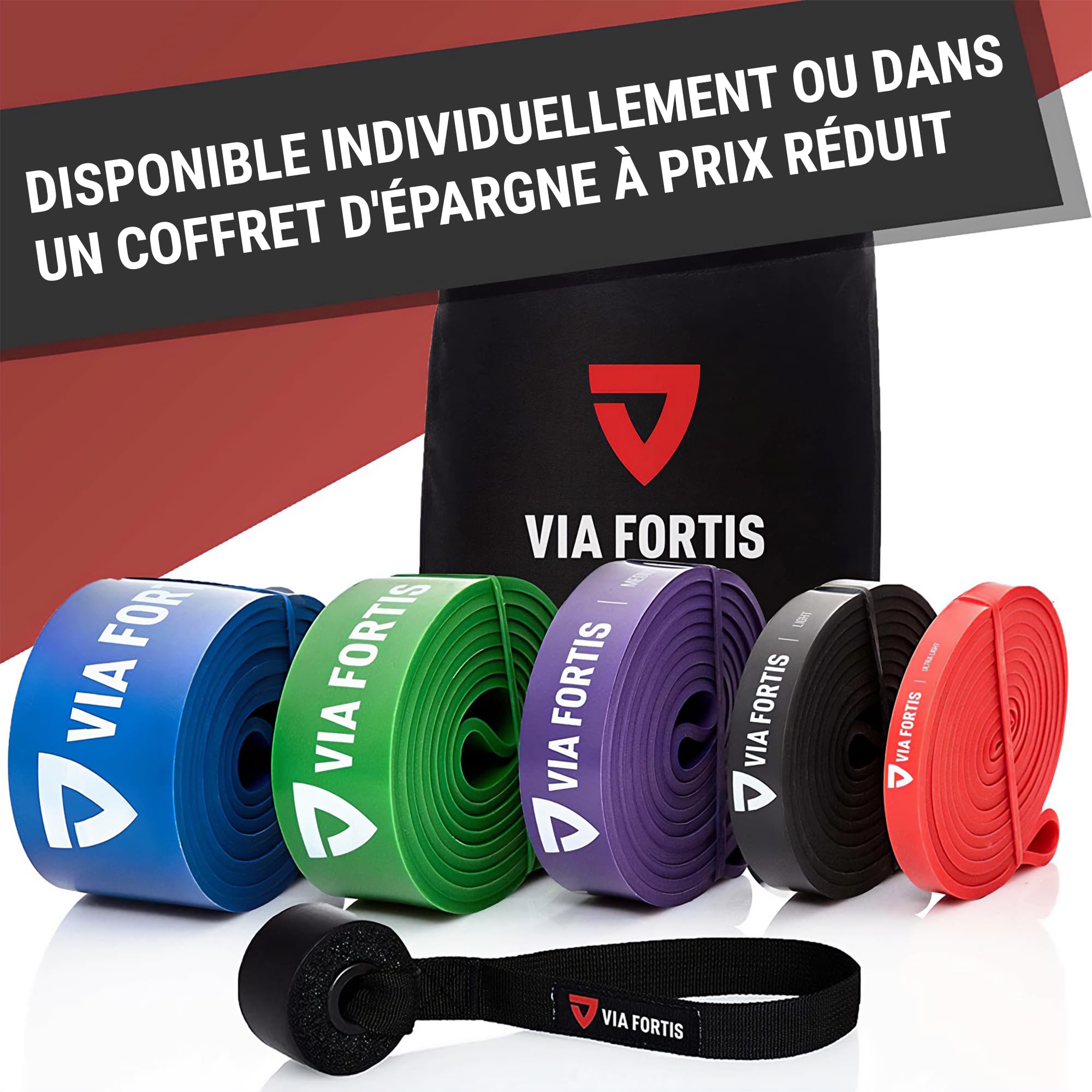 VIA FORTIS Bandes de Résistance Prémiums + Instructions d'Exercices et Sac - Bandes de Résistance/Bandes de Traction et Aide à la Traction/Bande Fitness/Bandes d'Entraînement Fitness & Musculation