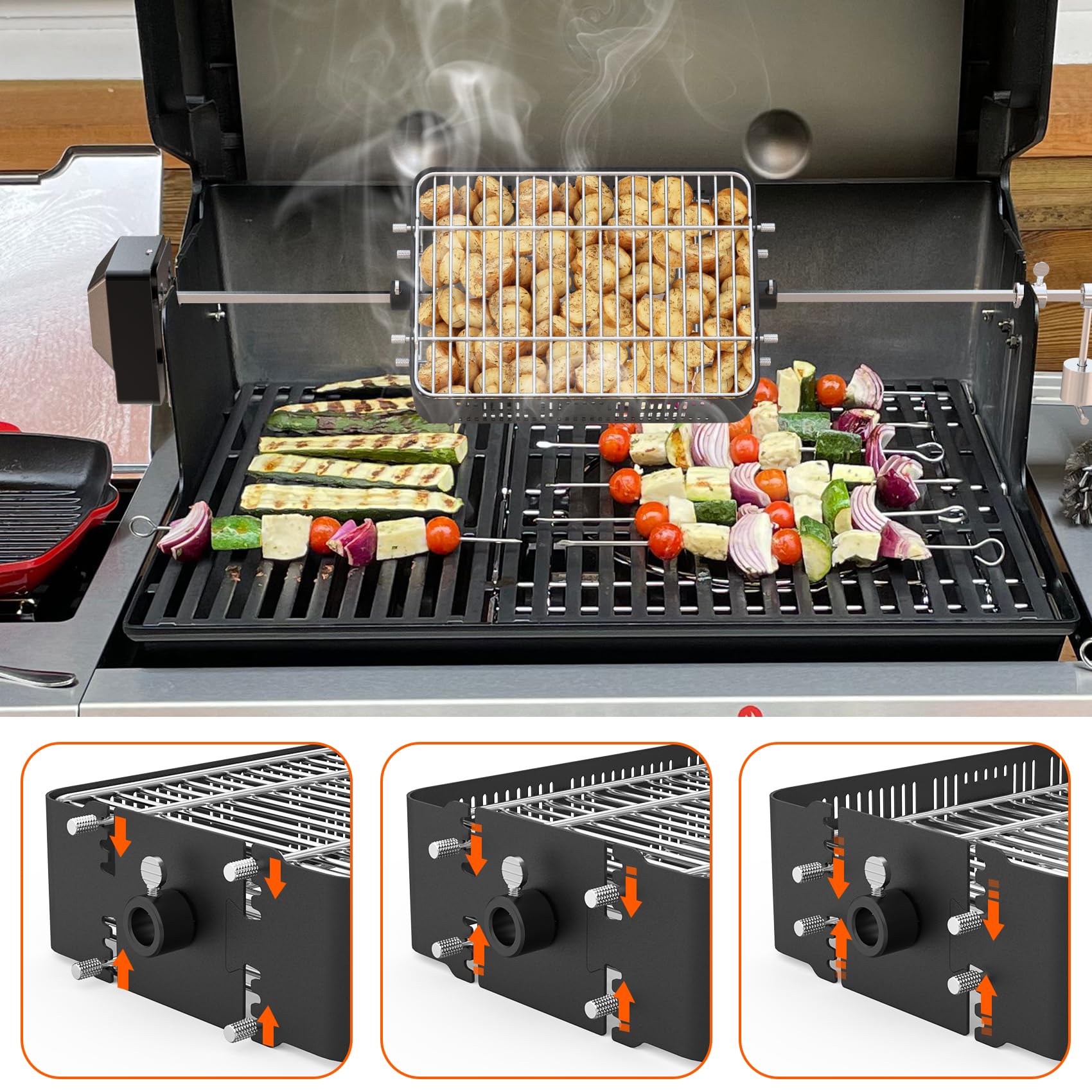 onlyfire Regulowany kosz z rożna, płaskie obrotowe klatki ze stali nierdzewnej pasują do sześciokąta 1/2", sześciokąta 3/8", kwadrat 3/8" i 5/16" kwadratowy rożen rożen i większość grillów Chacoal,