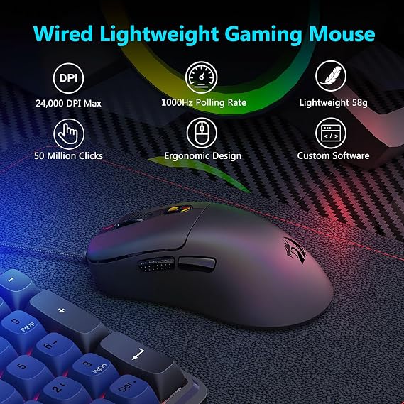 Redragon Wired Gaming Mouse, Lightweight, 6 Programmable Buttons, Black