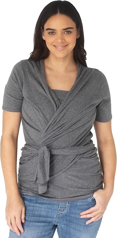 Short Sleeve Skin to Skin Nursing Wrap Top, Kangaroo Shirt for Mom and Baby, Organic Cotton (Grey Heather, Small)