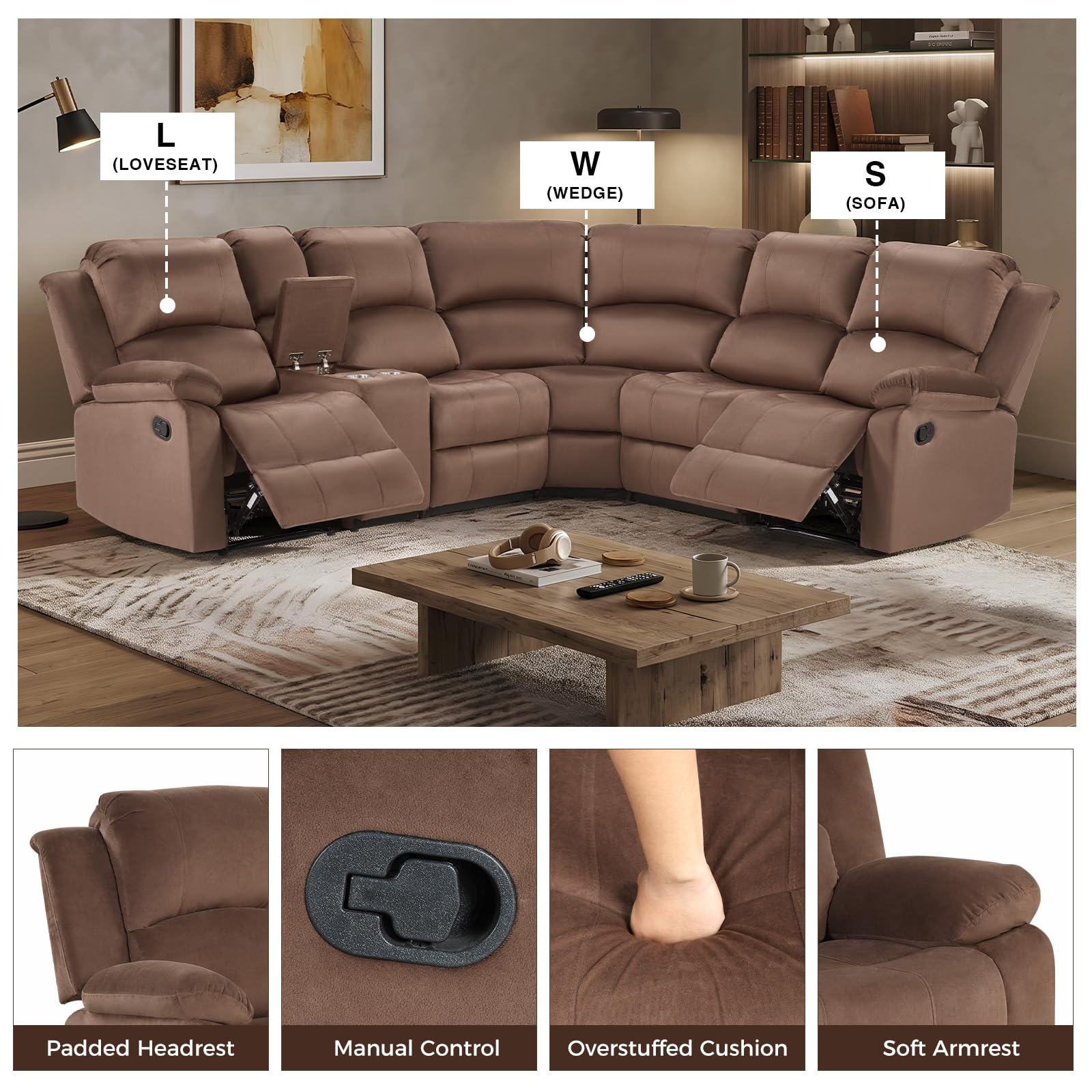 EBELLO Manual Reclining L-Shaped Sectional Sofa Set, Soft Microfiber Recliner Corner Couch with Center Console, Cup Holders and Storage, Recliner Sectional Couches for Living Room, Brown view 3