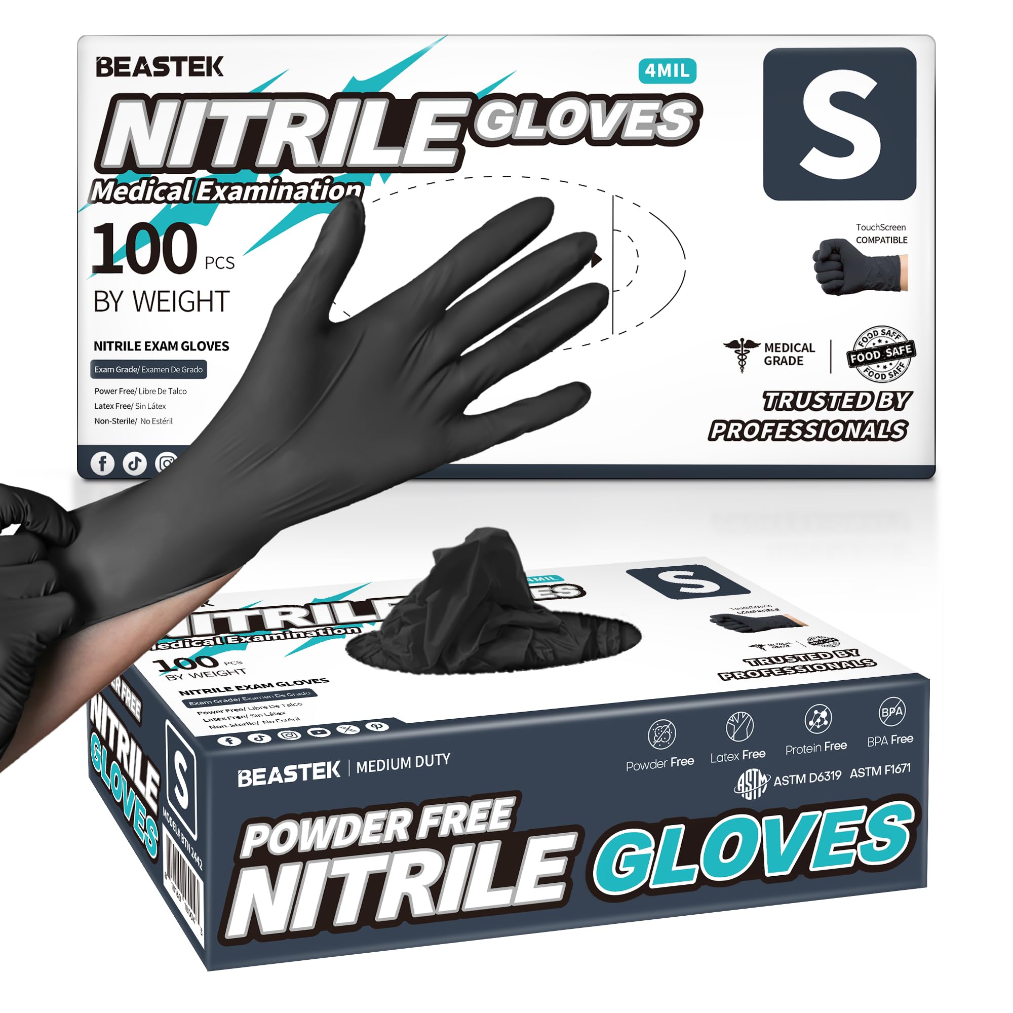 Beastek Black Disposable Nitrile Exam Gloves 100 Pcs 4Mil Chemical Resistant Powder-Free Latex-Free Food Safe Medical Cooking