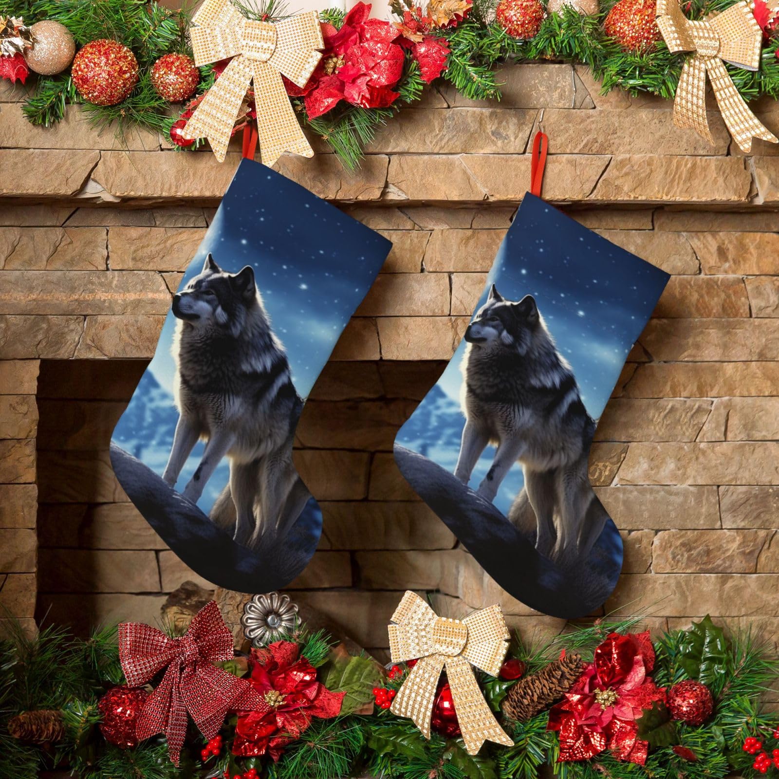 KLOPH Christmas Stockings 18" Personalized Xmas Stocking Wolfs Decoration Stocking Hanging Fireplace Stocking for Holiday Xmas Tree Christmas Fireplace Decor
