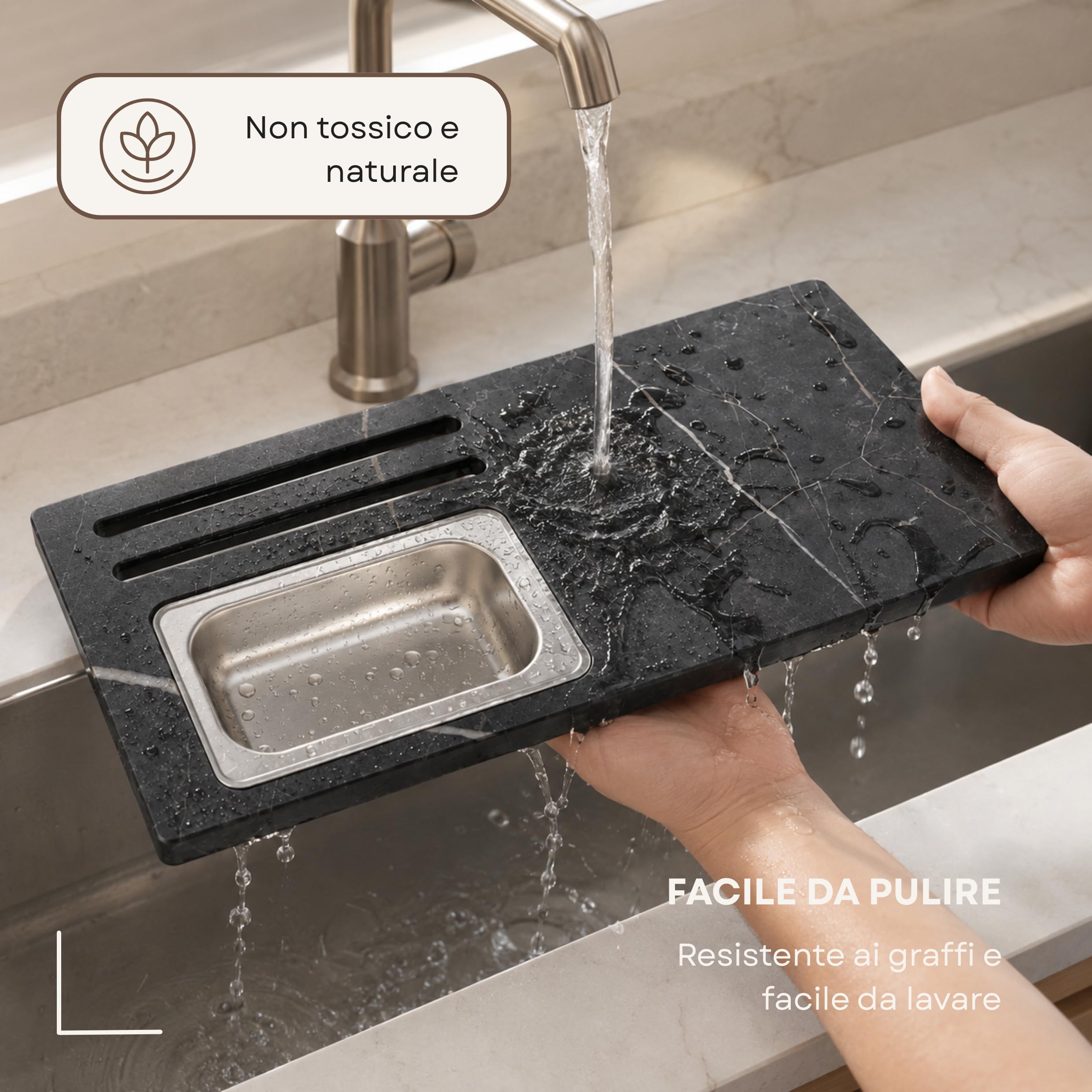 Tagliere da Lavabo in HPL 12mm Effetto Marmo Nero Design Moderno | Taglieri per Lavandino Antibatterico e Antigraffio con Vaschetta Contenitore Rimovibile per Alimenti Made in Italy