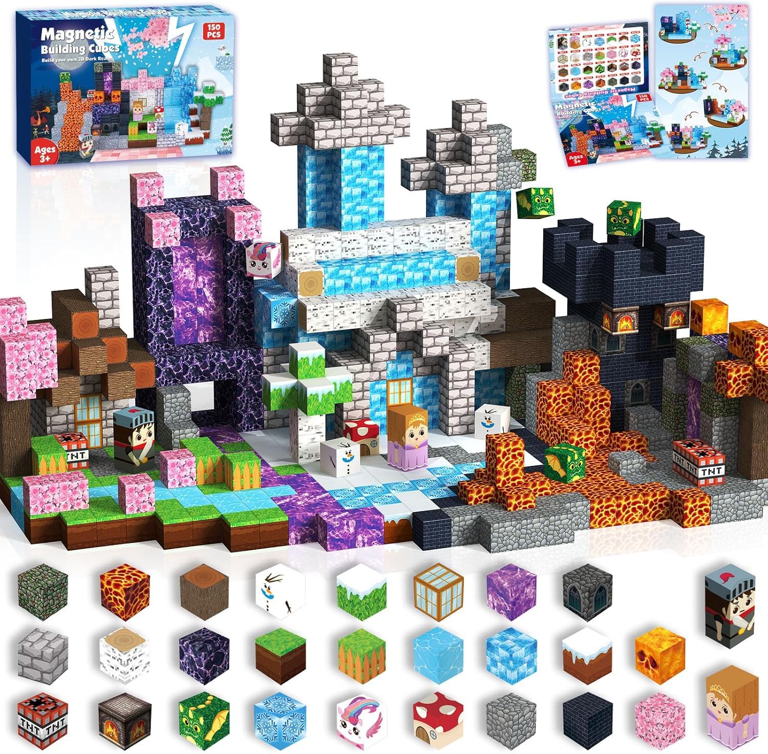 ToyUnited Magnetische Bausteine 150 Teile Set - Drachenabenteuer mit Vulkan & Ritter, Magische Kirschblüten Fantasiewelt, Mint Lernspielzeug & Ideales Ostergeschenk für Kinder ab 3 4 5 6 7 8 Jahren
