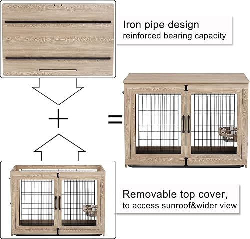Miniatura 5 de Piskyet Wooden Dog Crate Furniture with 360 Rotatable Removable Dog Bowls Dog Crate End Table with Tray Double Doors Dog Kennels Indoor for Small