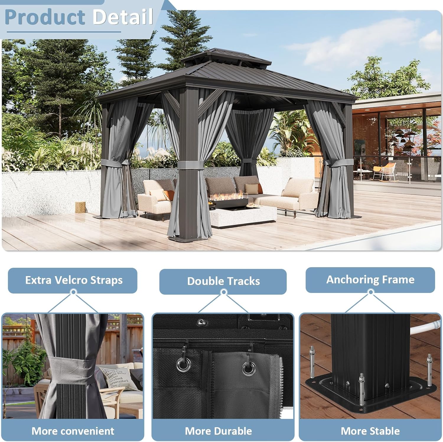 Aoxun 10' x 12' Permanent Hardtop Gazebo with Galvanized Steel Double Roof and Aluminum Frames Outdoor Large Pavilion Gazebo for Patio Deck Garden, Nettings and Curtains Included, Gray