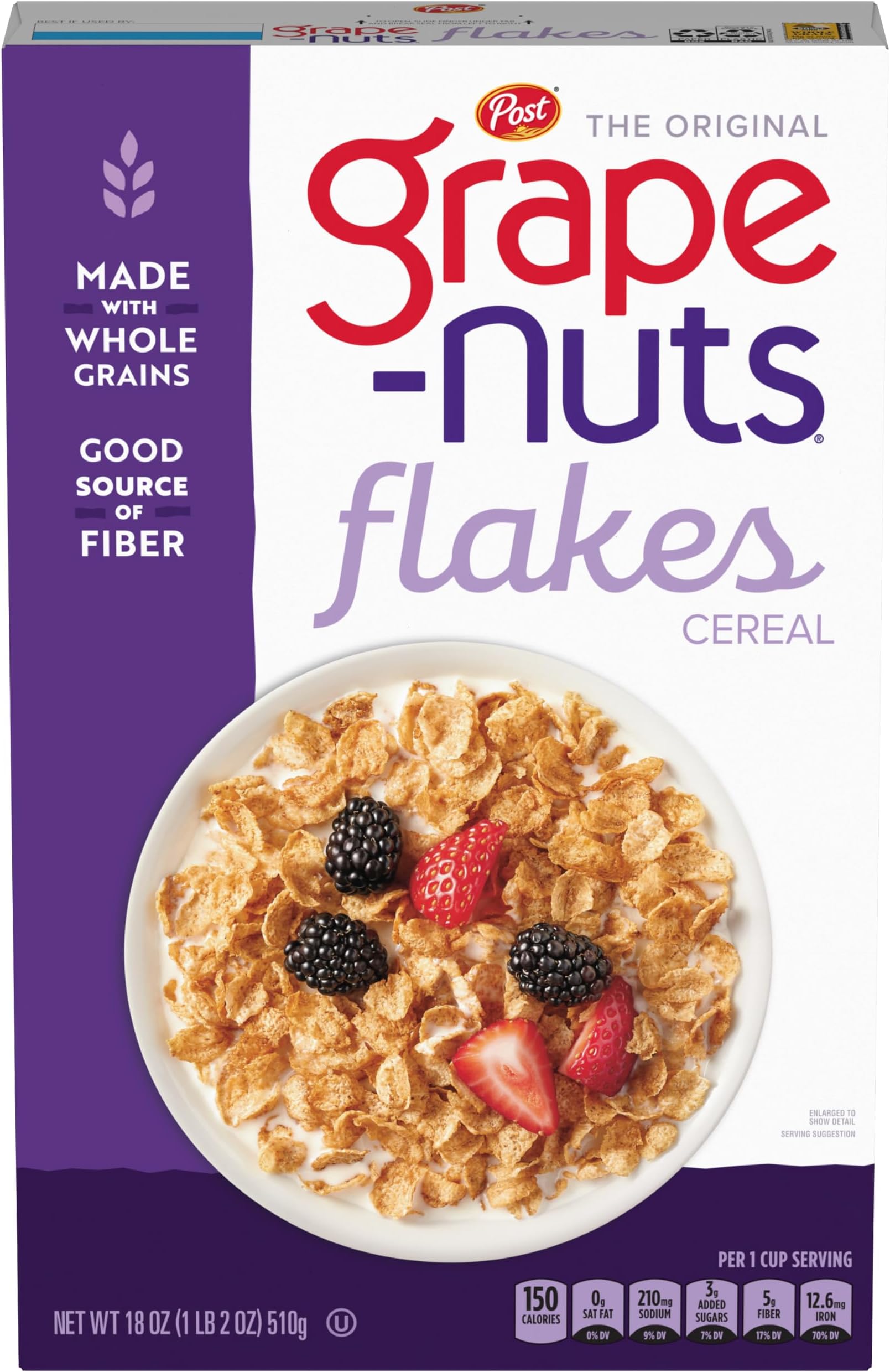 Grape Nuts Flakes Cereal, Low Fat, 18 oz Box | Crispy Whole Wheat and Barley Cereal, Great for Yogurts, Parfaits, and Homemade Snacks
