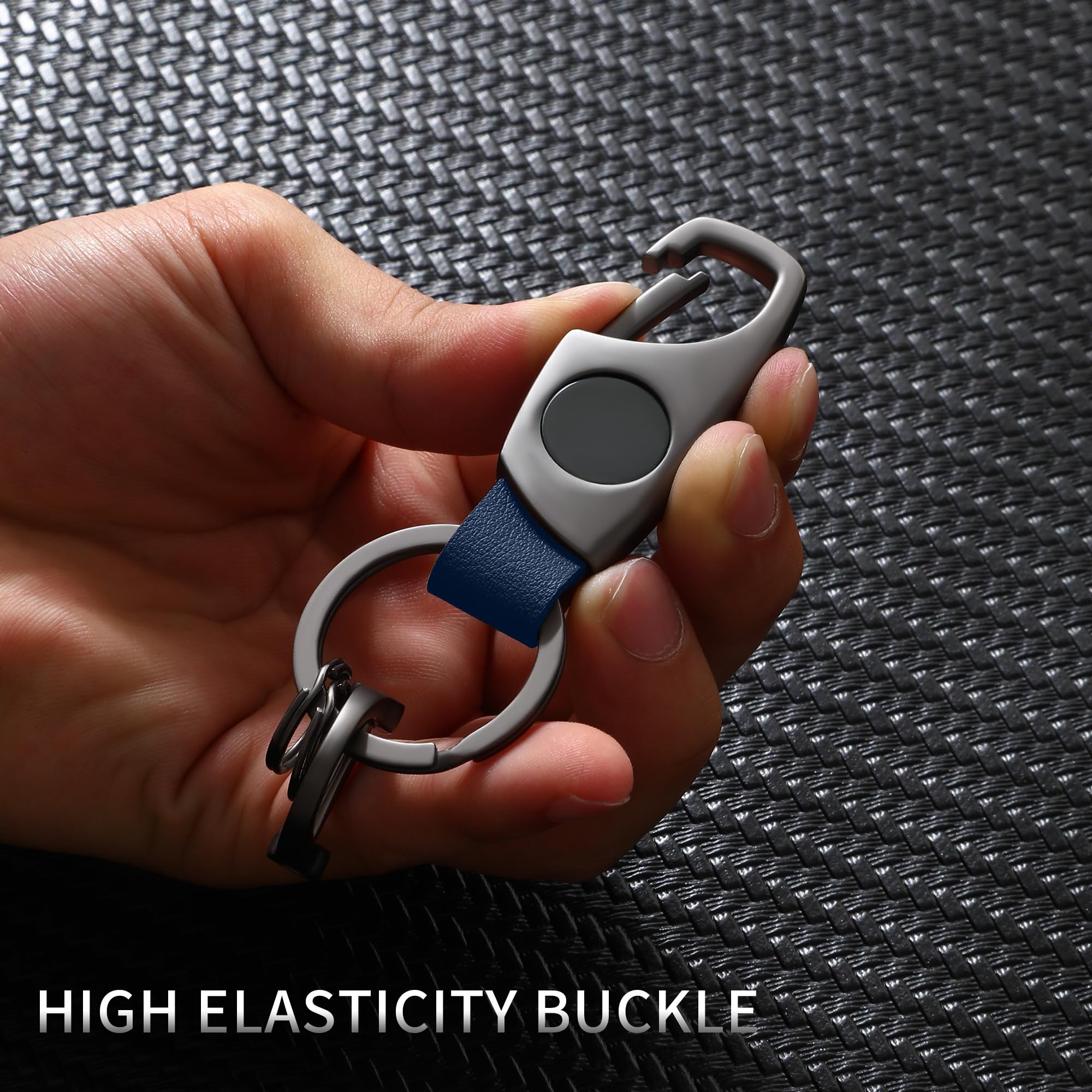Gkeygo Carabiner Keychain With Leather & Key Rings - Anti-Lost D-Ring, Zinc Alloy, Grey/Blue - View #5