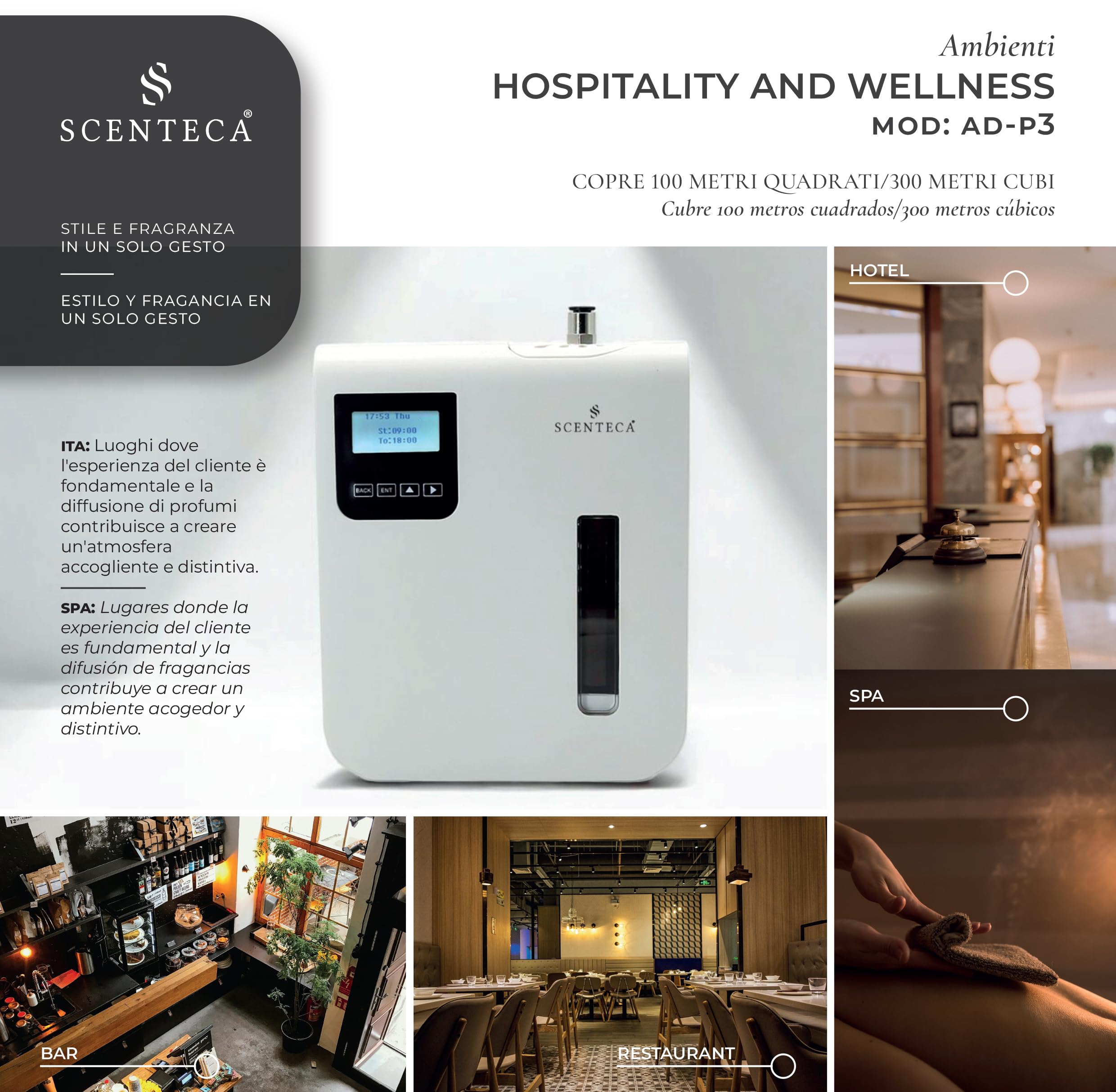 SCENTECA Difusor eléctrico de aceites esenciales Modelo AD-P3, con fragancia de Té Blanco y Flores de Primavera incluida, nebulización en frío, cobertura de hasta 100 m², para casa y oficina (100 ML)