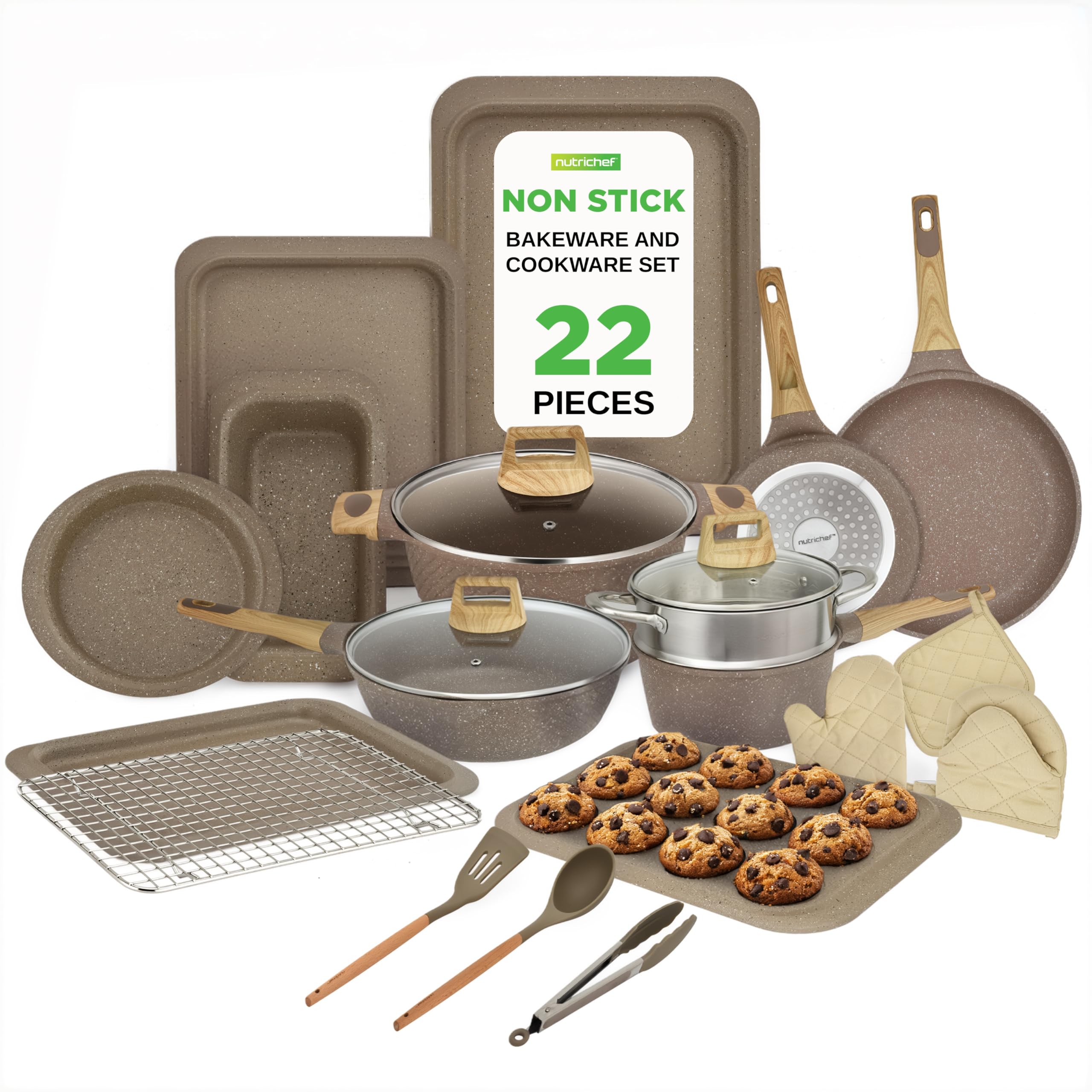 Nutrichef Pots and Pans Set, Non Stick Cookware Set 22-Piece, Induction Ready Kitchen Cookware, Multi-Sized Pots, Frying Pans, Bakeware, Pan Sets with Lids, Brown