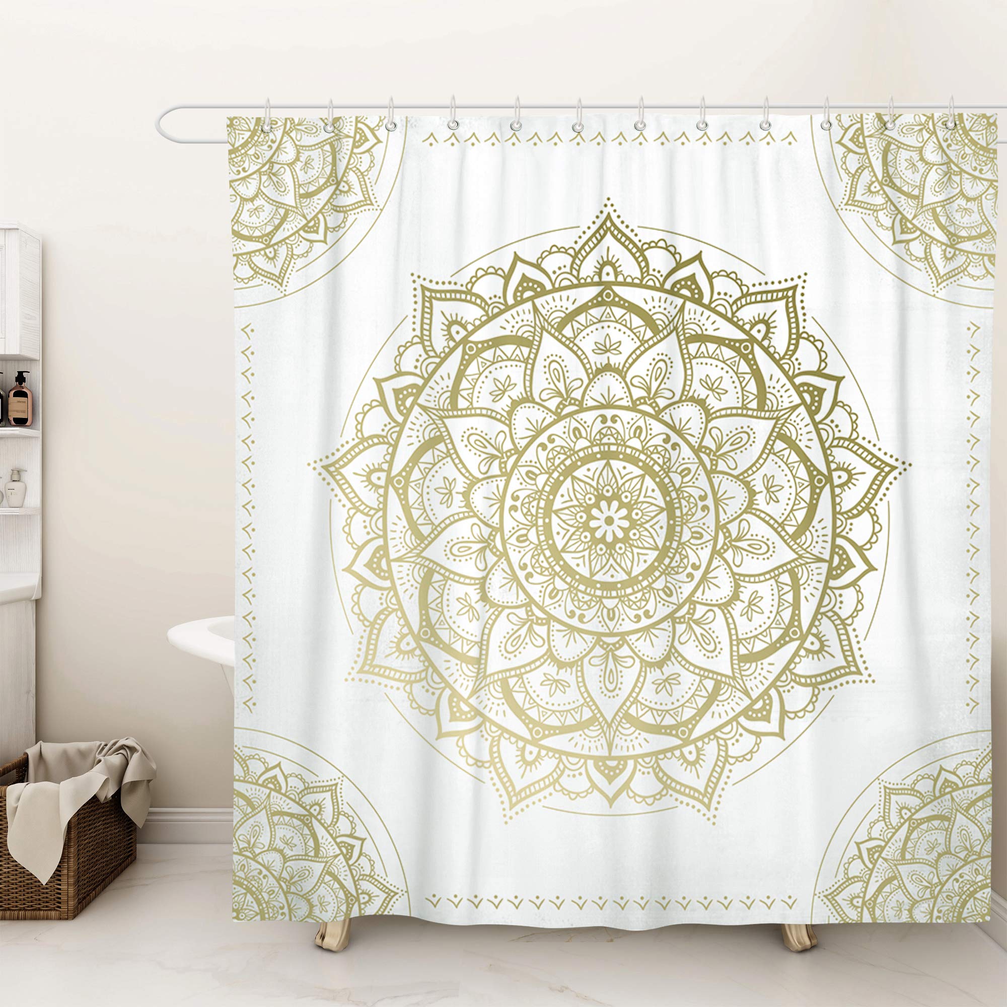 lamplig Mandala Flowers Shower Curtain for Bathroom Modern Boho Geometric Paisley Decorative Unique Golda Floral Fabric Cloth Curtain Set with Hooks,72 x 72 inch