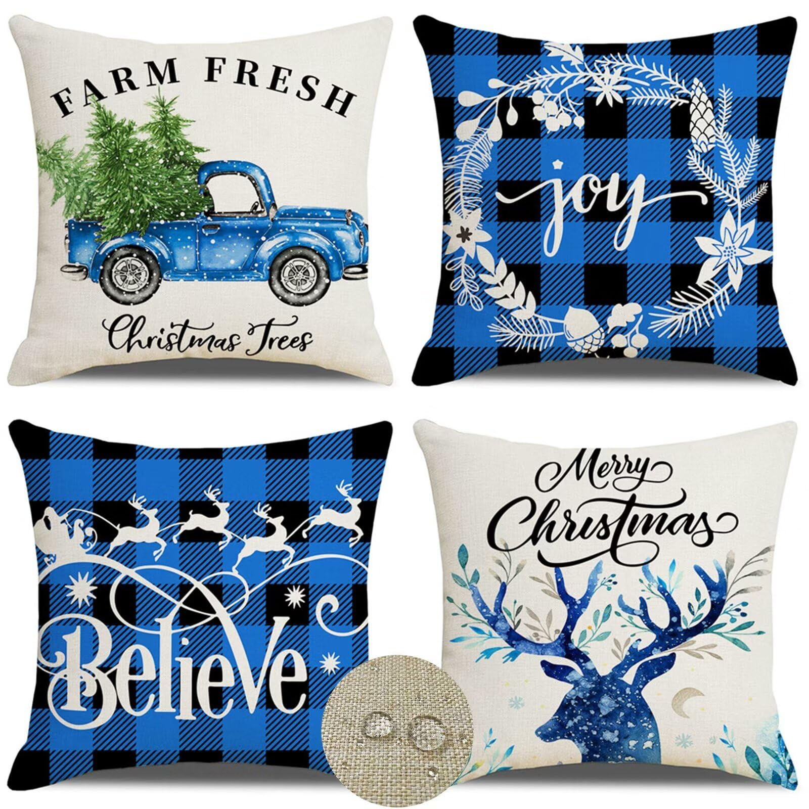 4er Set Blau Kissenbezüge 55x55cm Weihnachts Auto Quadratische Doppelseitig HD Druck Sofakissen,Sommer Outdoor Wasserdichter Leinen Kissenbezug für Sofa Schlafzimmer Auto Dekor Kissenbezug OW-1594