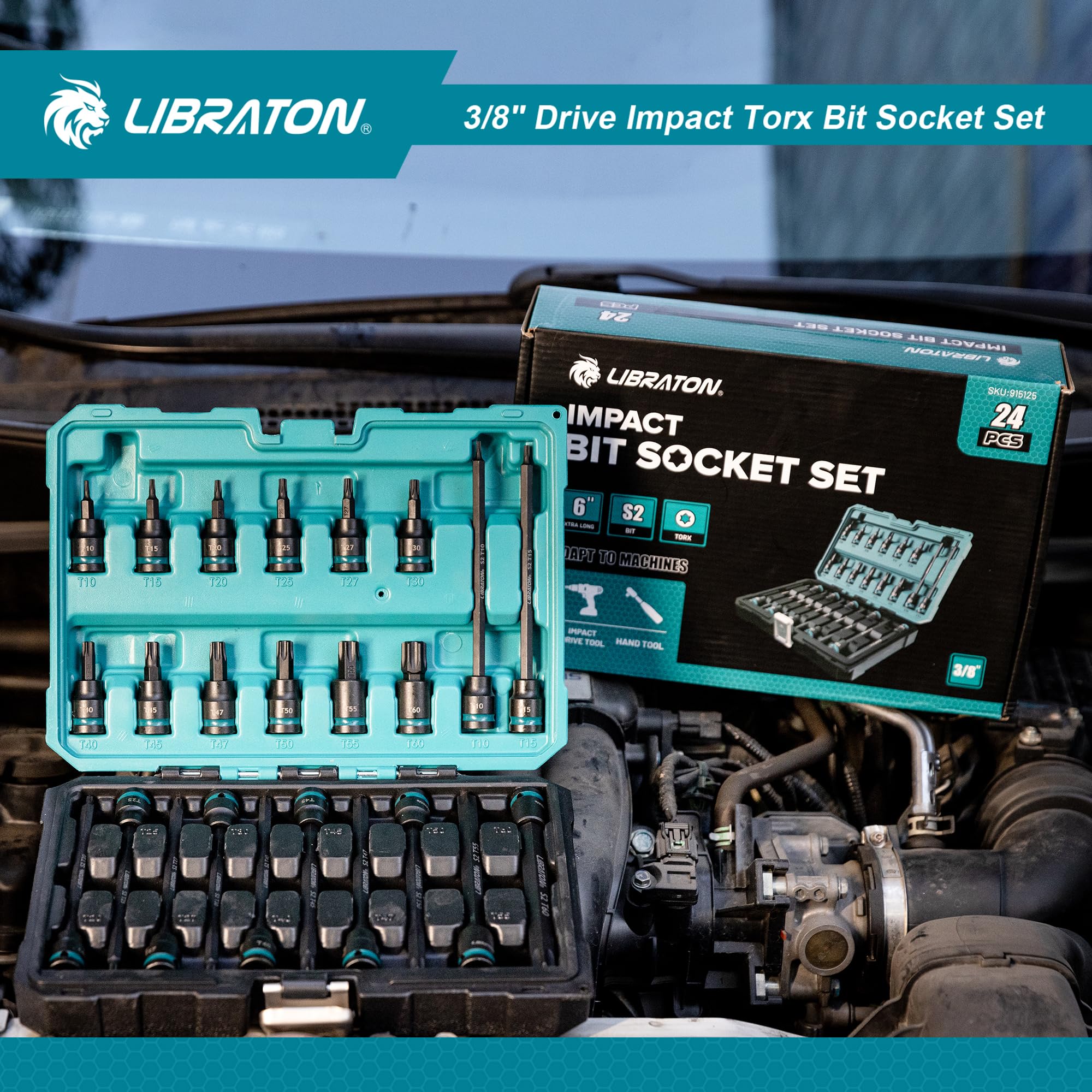 LIBRATON Chiavi a Bussola Torx da Attacco da 3/8", Bussola Torx Lunghe, Bussola a Pressione in Acciaio S2, 24 Punte per Chiavi a Bussola, Bussole Per Inserti a Impatto, T10-T60, Lunghezza 48mm e 150mm