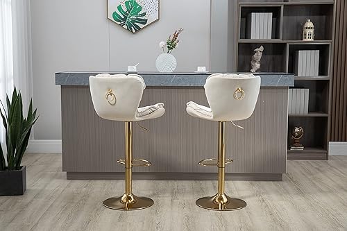 Miniatura 15 de SLEERWAY Juego de 2 taburetes de bar giratorios modernos, sillas de bar de terciopelo para mostrador de cocina, taburetes de bar dorados, taburetes