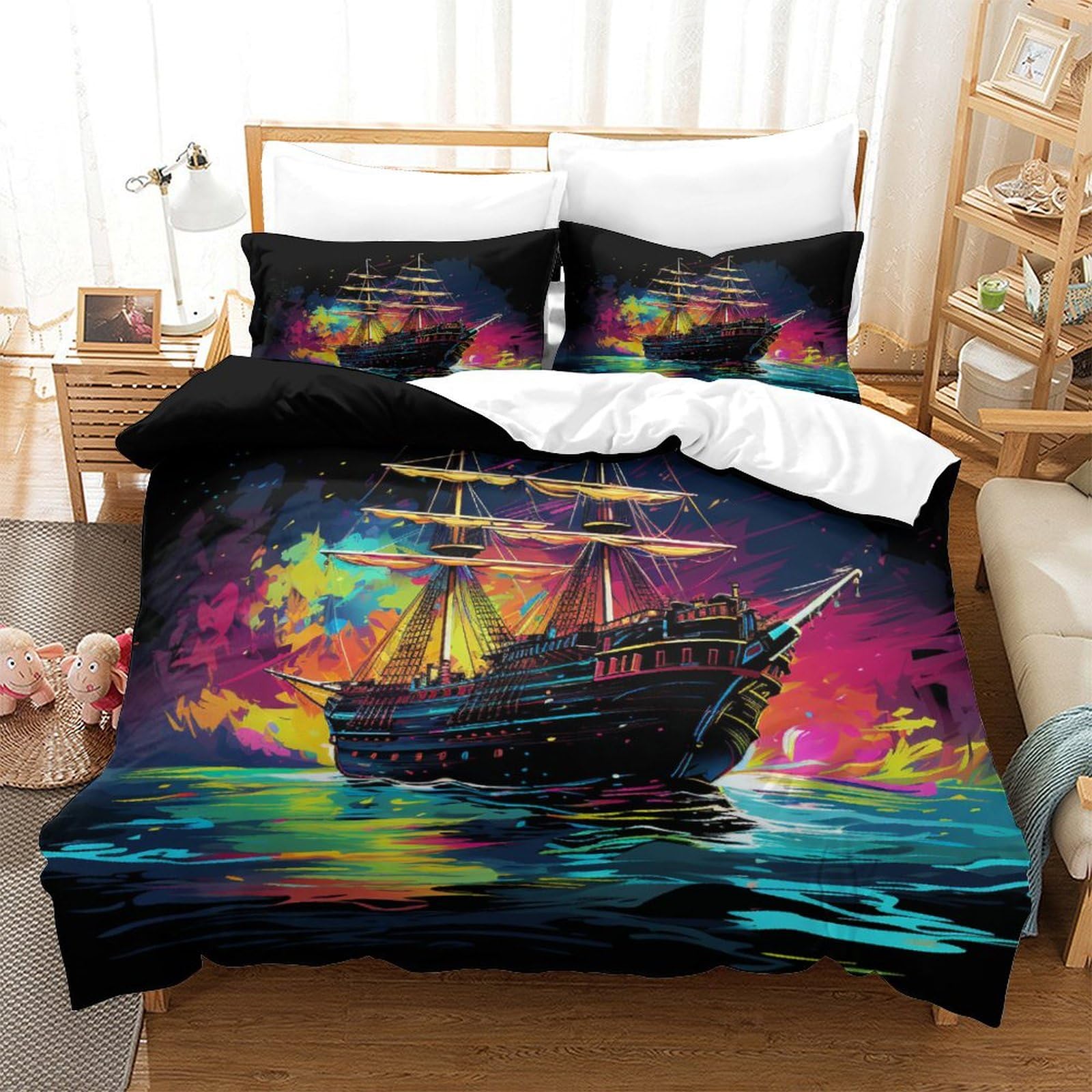 Housse couette 3D bateau anti-plis en microfibre respirante