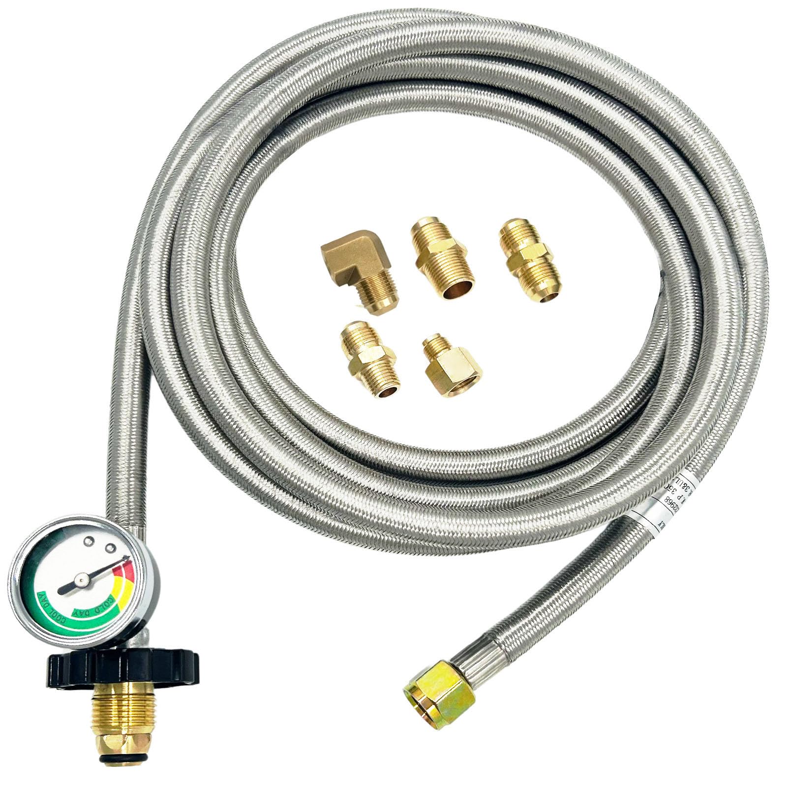 Mensi Manguera de gas propano de 3/8 pulgadas, accesorios de 1/4 pulgadas NPT macho de 3/8 pulgadas macho de 1/4 pulgadas, codo invertido macho de 1/4 pulgadas, kit universal POL regulador de tanque
