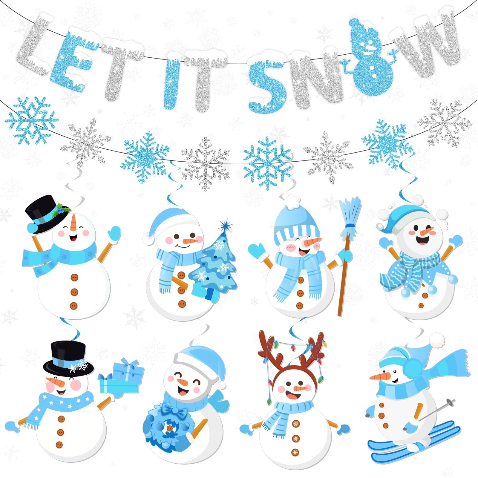 Snowflake Party Decorations,Winter Wonderland Decorations Includes Let It Snow Banner,Snow Garland and Christmas Snowman Hanging Swirls, Let It Snow Party Decorations for Indoor Winter Holiday