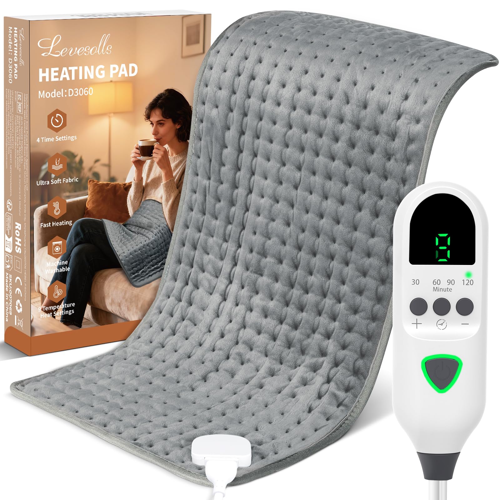 Termoforo Elettrico 60x30cm – Per Schiena, Spalle e Addome, 9 Livelli Di Temperatura, 4 Timer, Riscaldamento Rapido, Spegnimento Automatico, Lavabile In Lavatrice - Grigio Scuro