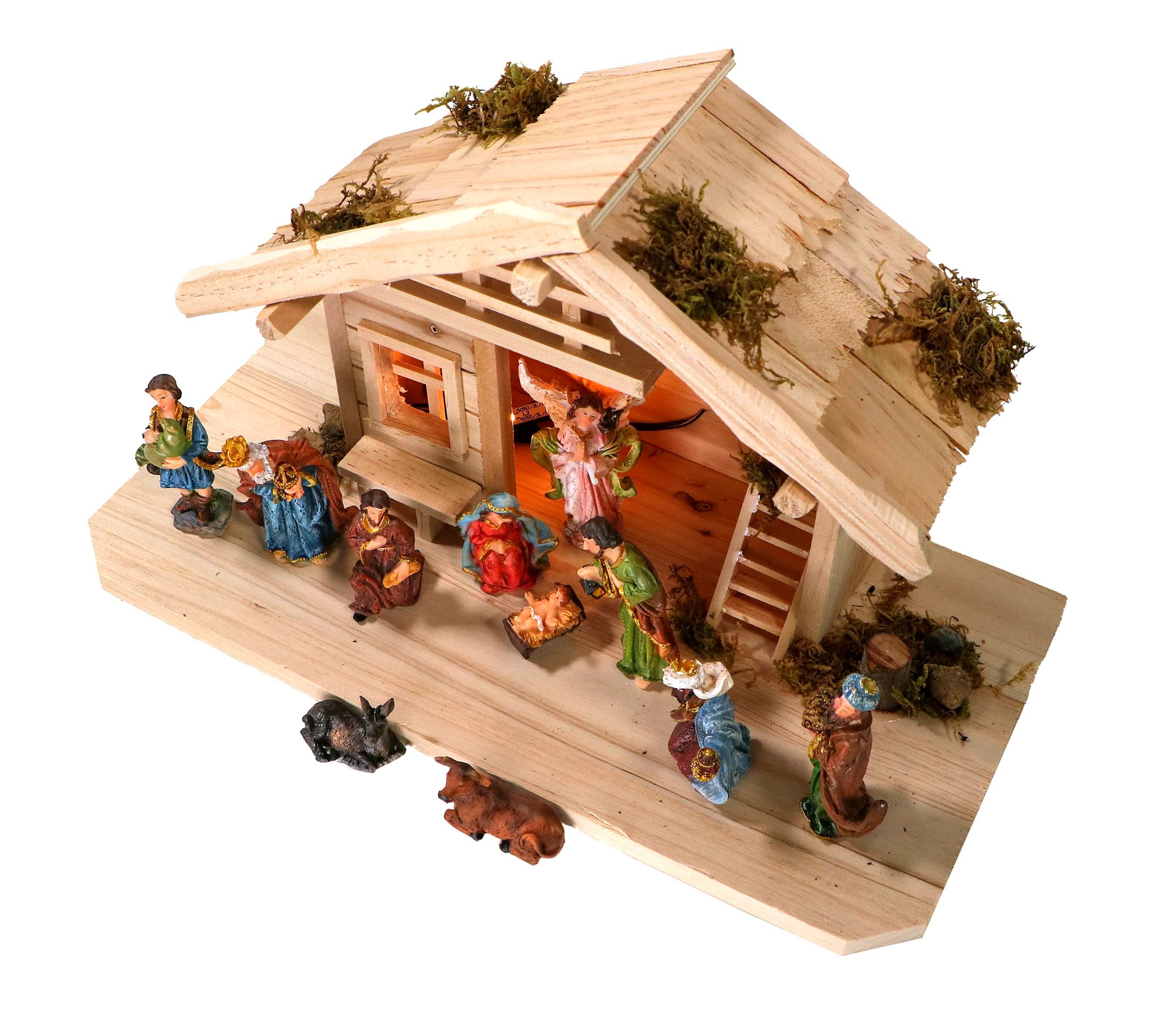 mgc24 Weihnachtskrippe Tischkrippe aus Holz, komplett mit 11 Krippenfiguren handbemalt, LED-Beleuchtung